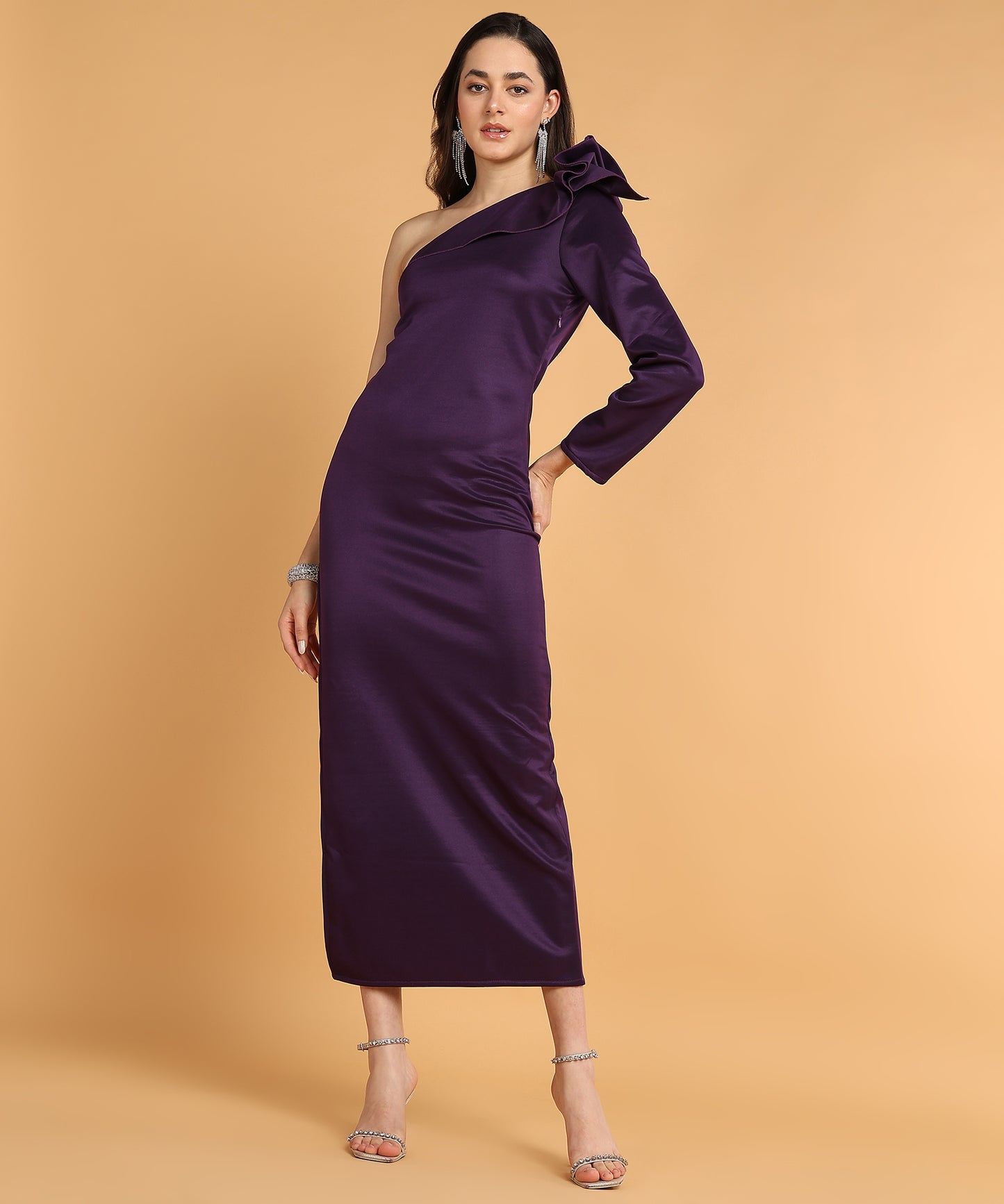 Purple One Shoulder Satin Bodycon Midi Dress with Dramatic Bow Sleeve for Women