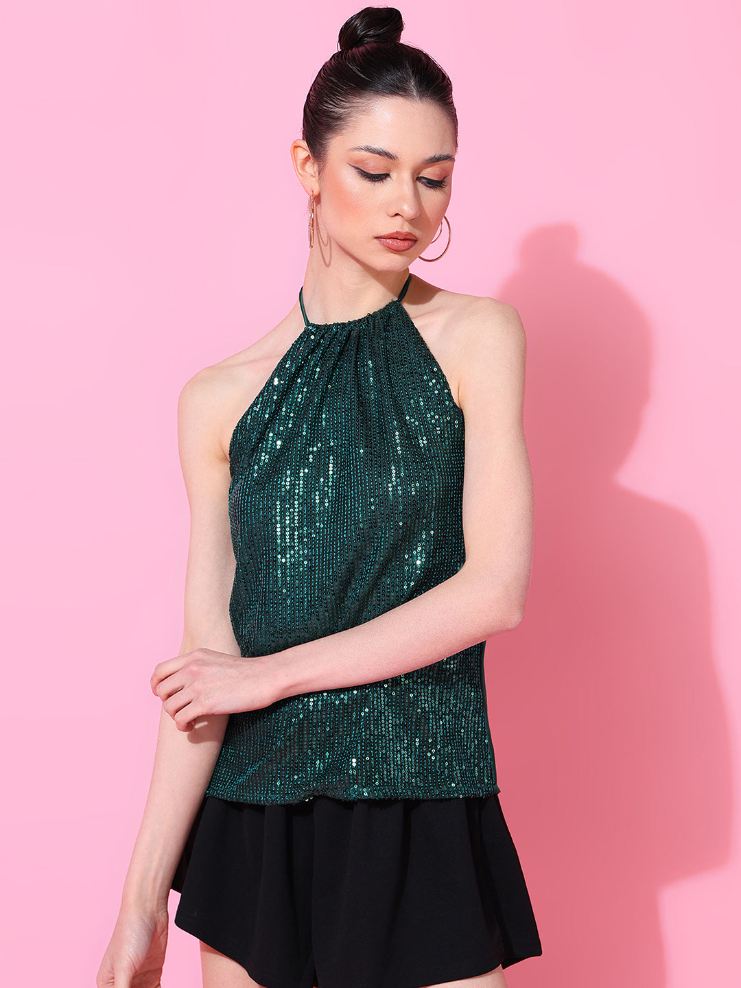 Green Sequin Halter Neck Top for Women – Party & Evening Wear