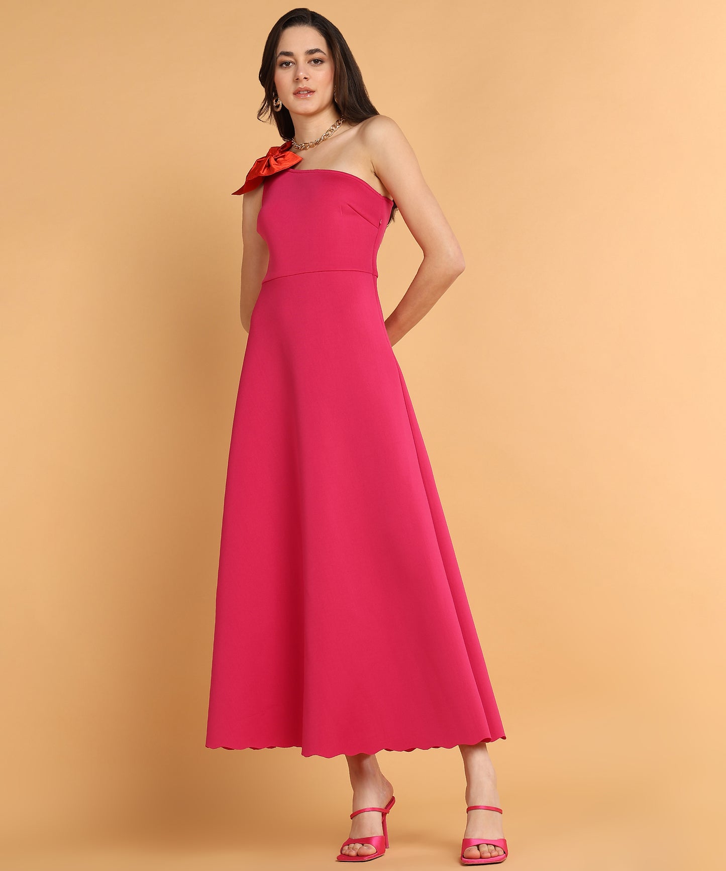 Hot Pink One Shoulder A-Line Midi Dress with Statement Bow for Women