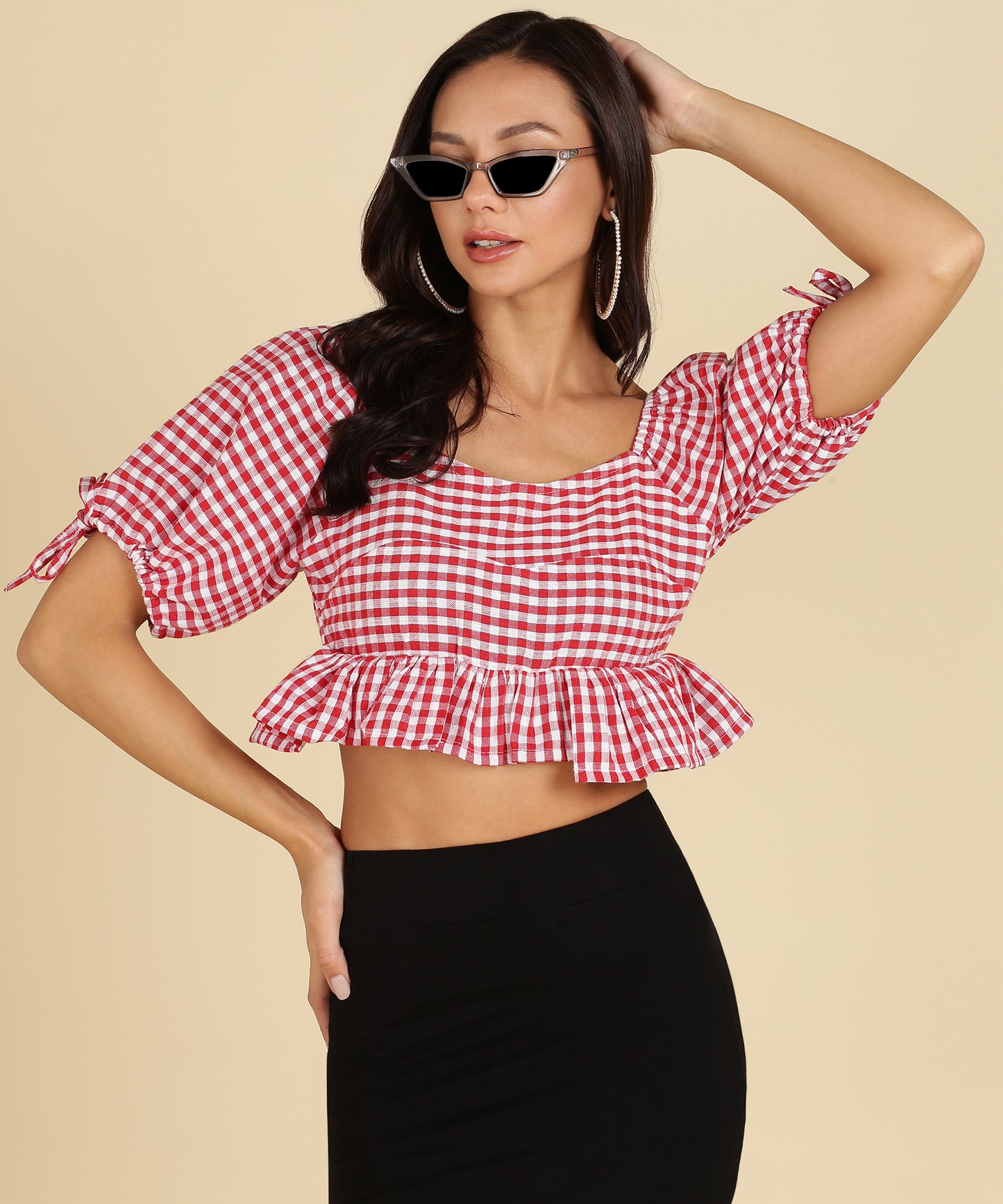 Women's Red Check Puff Sleeve Crop Top – Ruffled Hem Peplum Blouse for Summer & Casual Wear