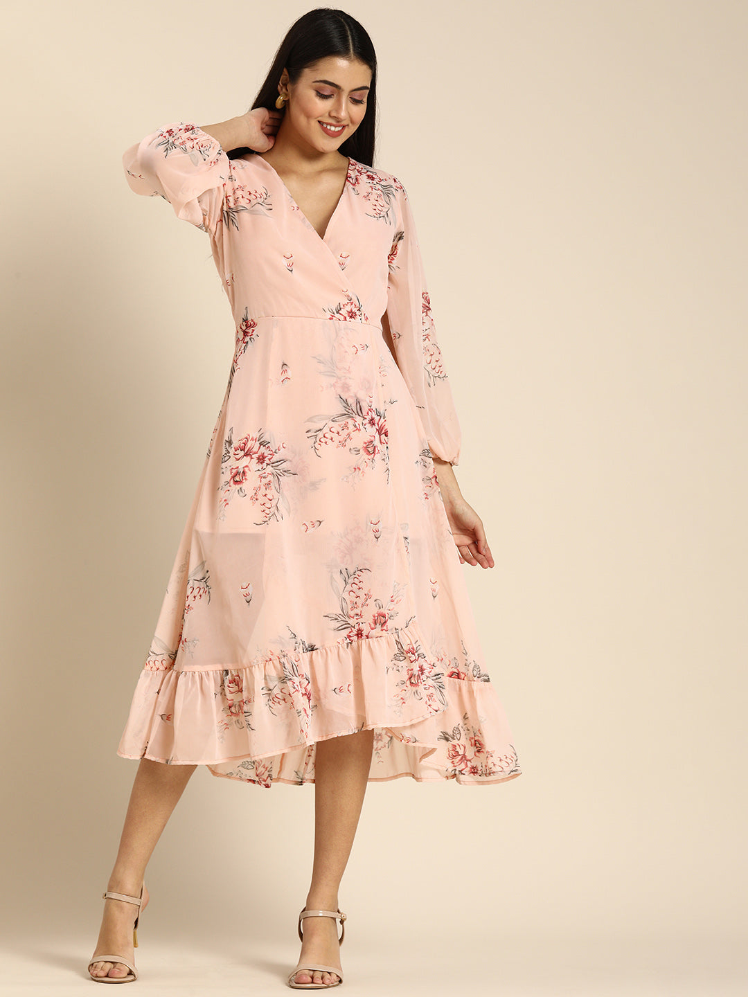 Elegant Peach Floral Midi Dress with Ruffle Hem & Puff Sleeves Romantic Daywear