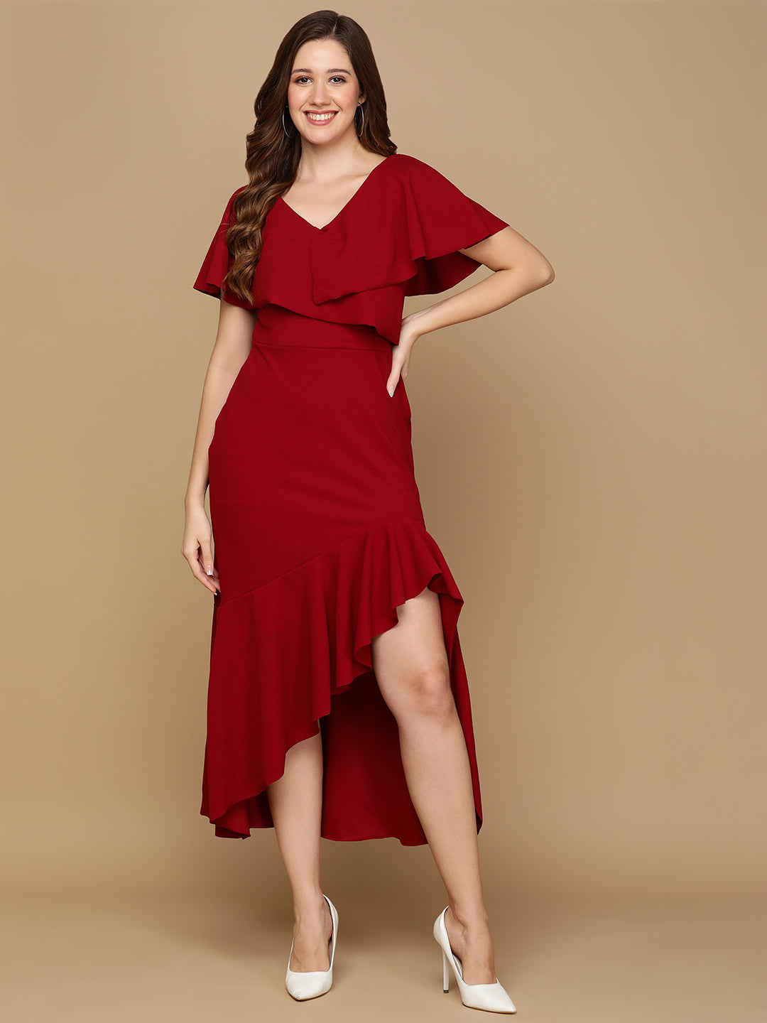 Elegant Maroon Ruffle High Low Dress for Women | Party Wear Midi Dress