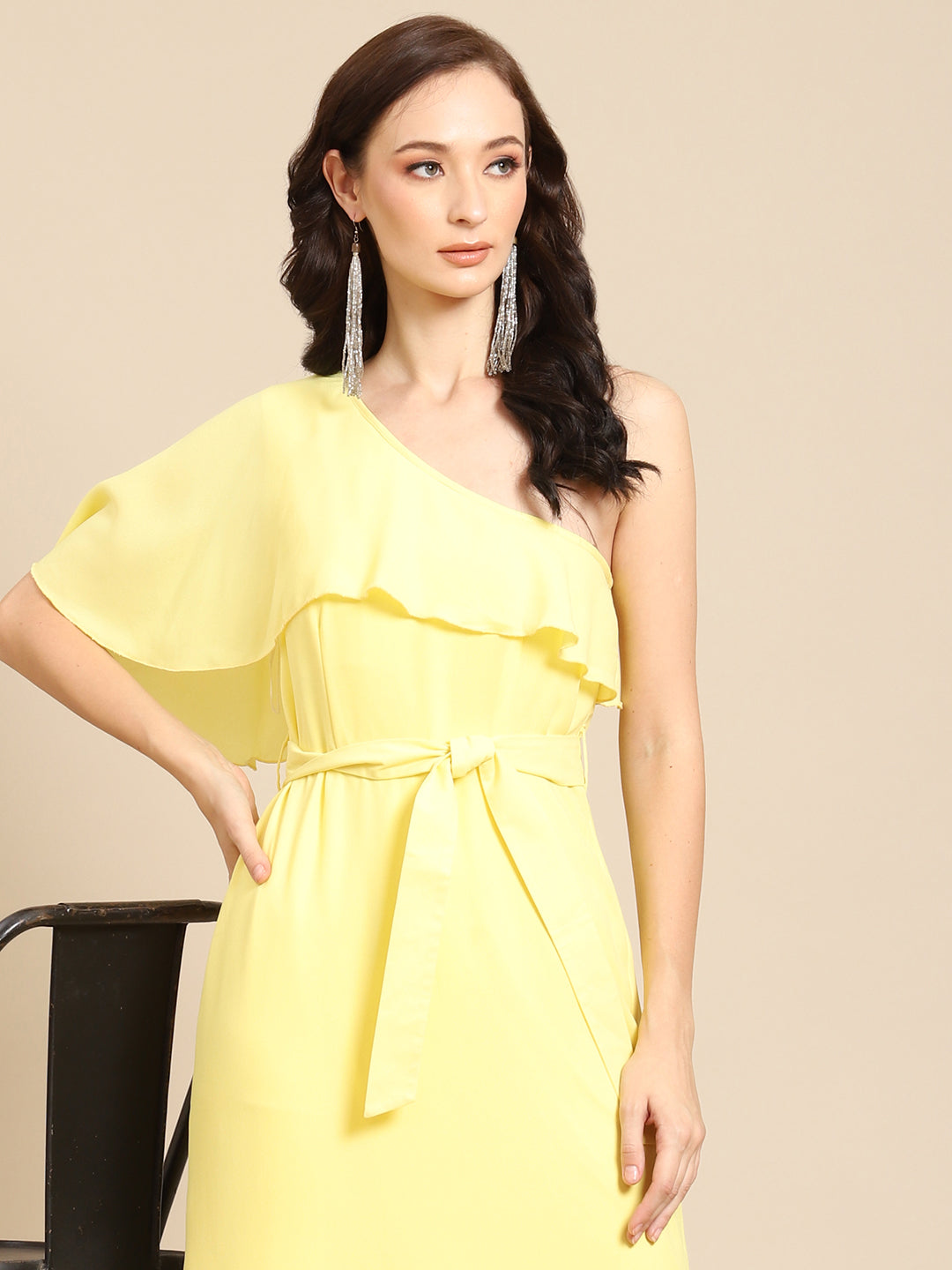 Elegant Yellow One Shoulder Ruffle Midi Dress for Women
