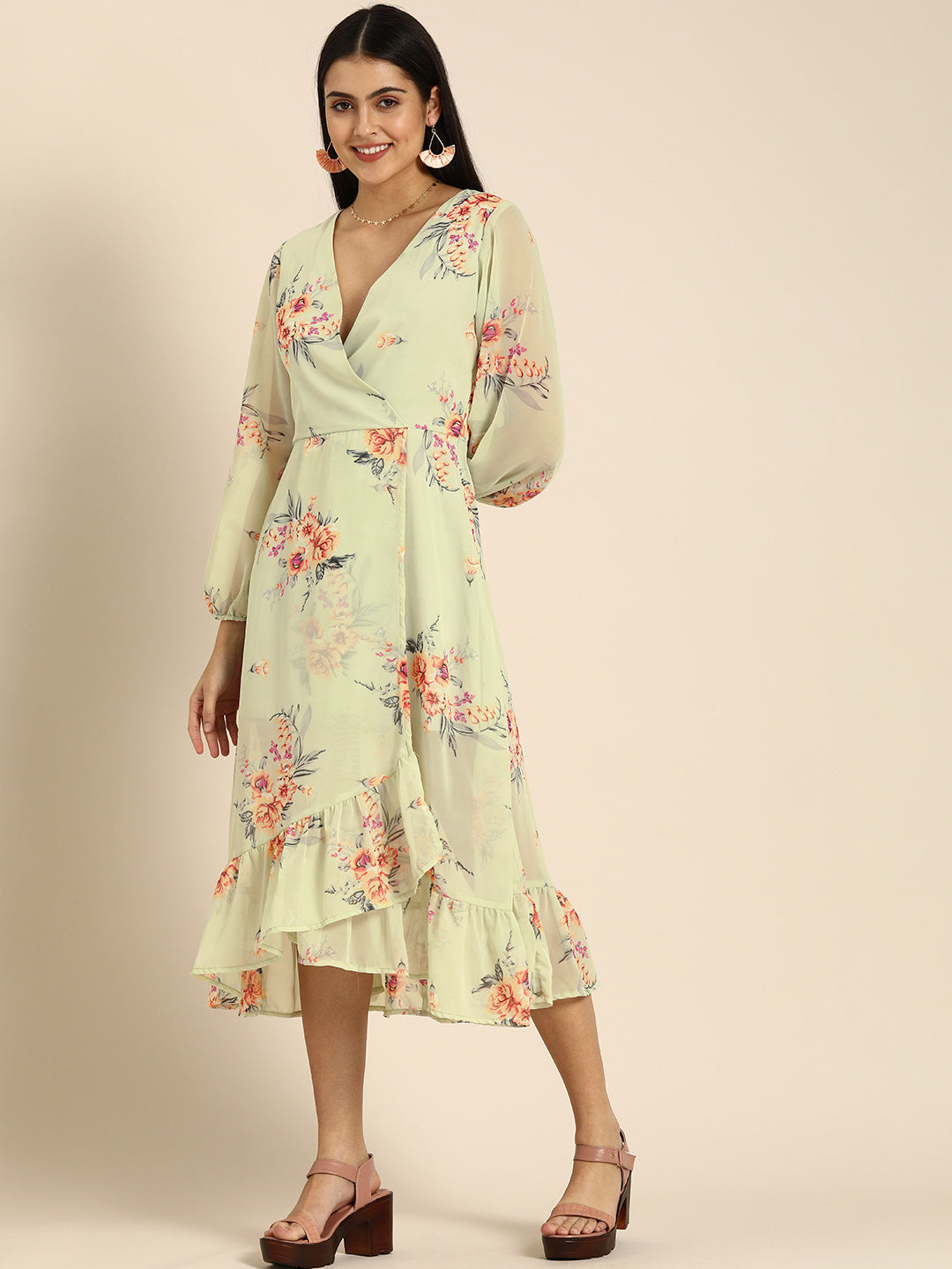 Pastel Green Floral Wrap Midi Dress with Ruffle Hem & Puff Sleeves Elegant Summer Look