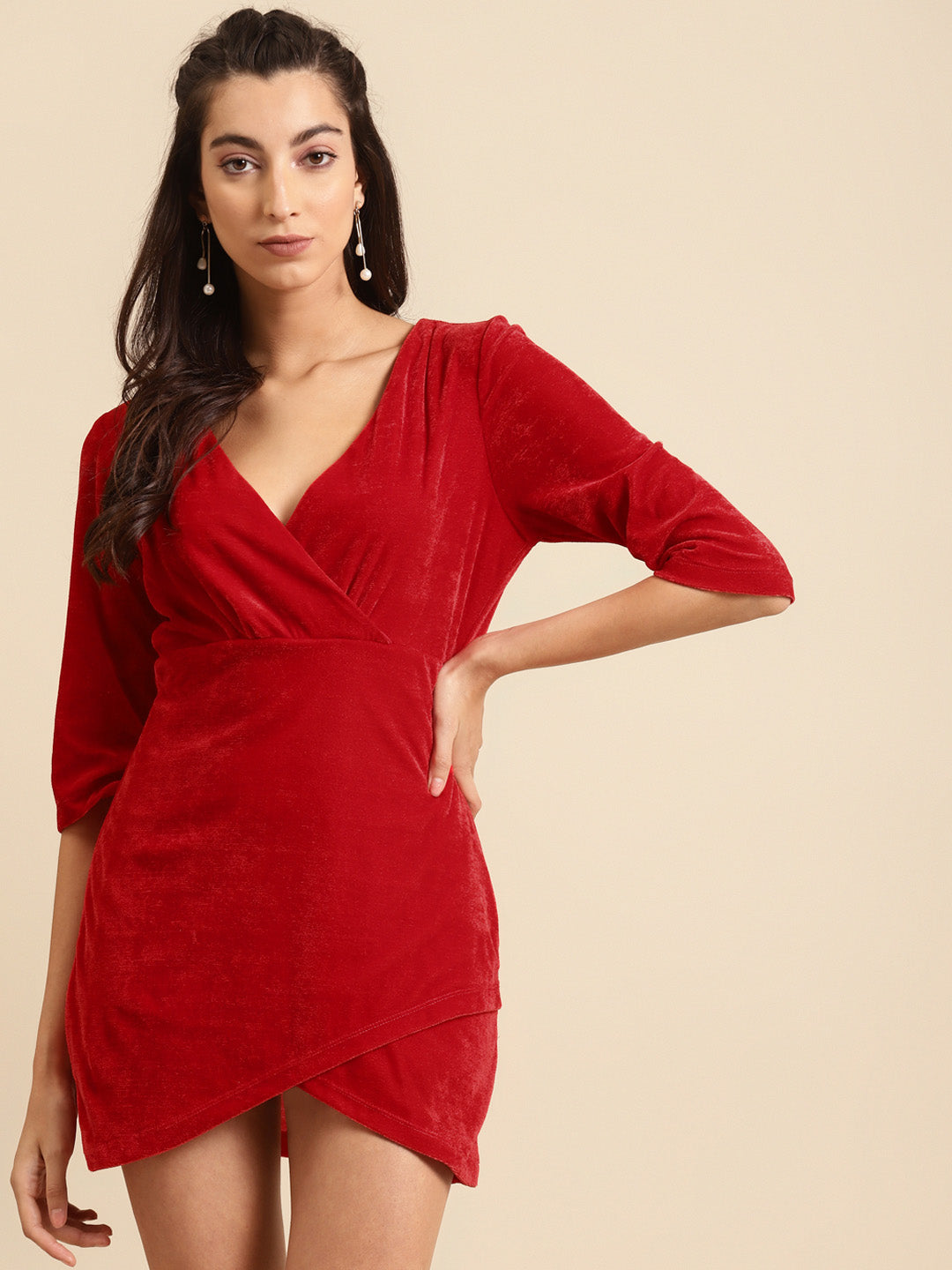 Red Velvet Bodycon Mini Dress with Wrap Hem