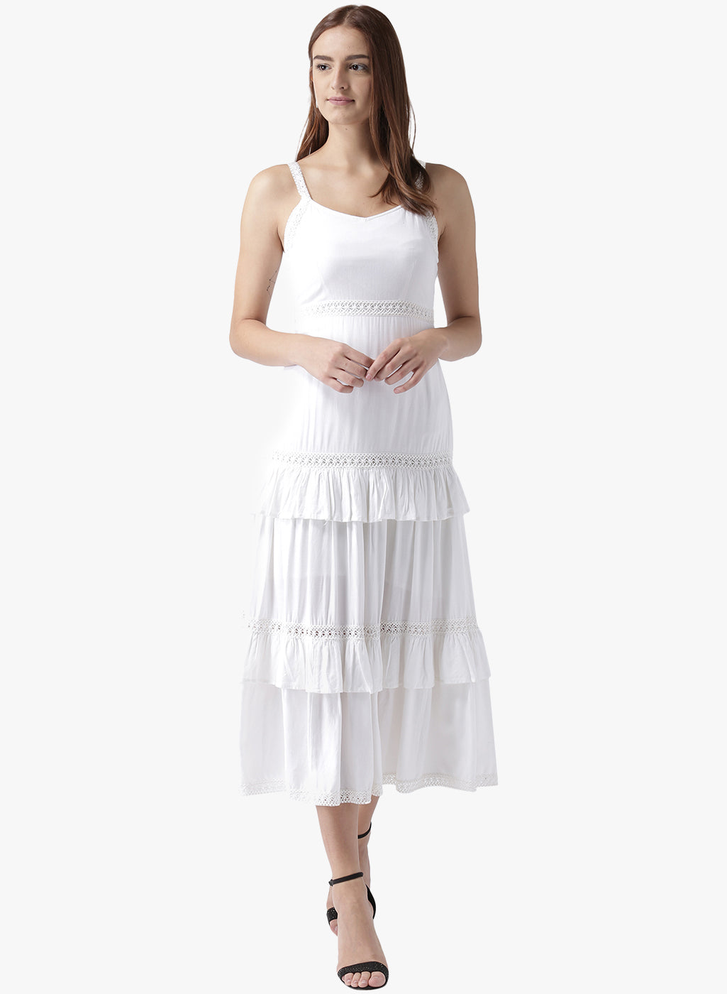 Women's White Tiered Sleeveless Midi Dress with Lace Detail
