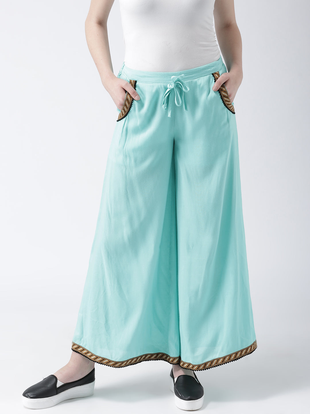 Women's Sky Blue Palazzo Pants with Drawstring Waist and Ethnic Trim