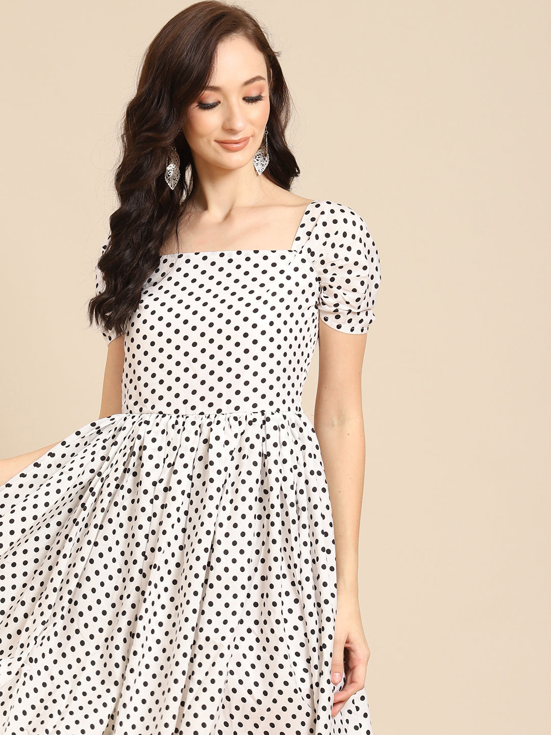 Vintage-Inspired Polka Dot Fit & Flare Dress for Women | Puff Sleeve Square Neck Dress