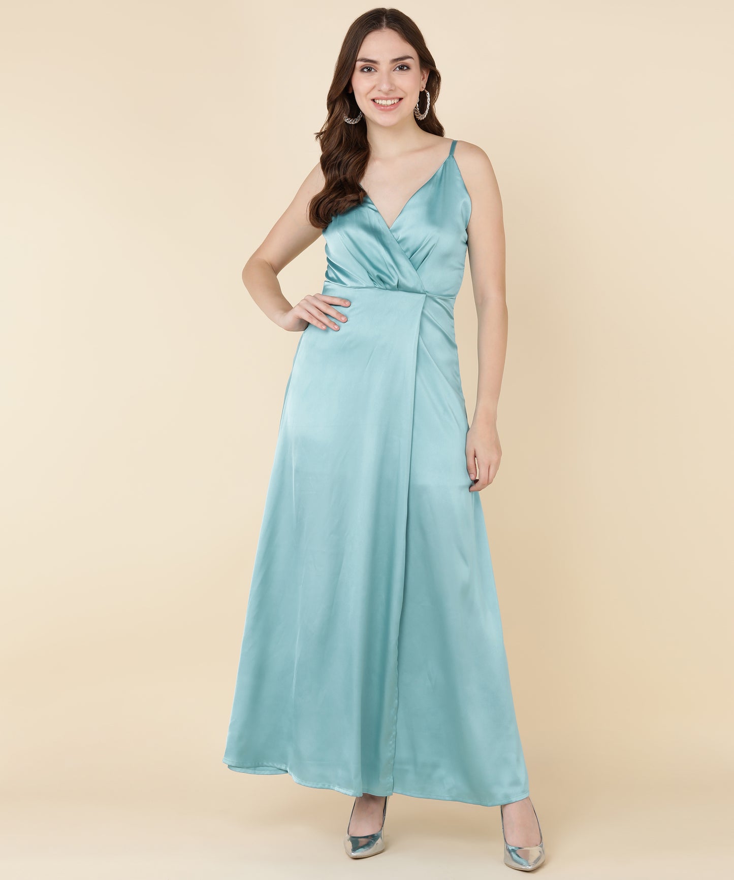 Glam Blue Satin Wrap Gown Dress for Evening Party