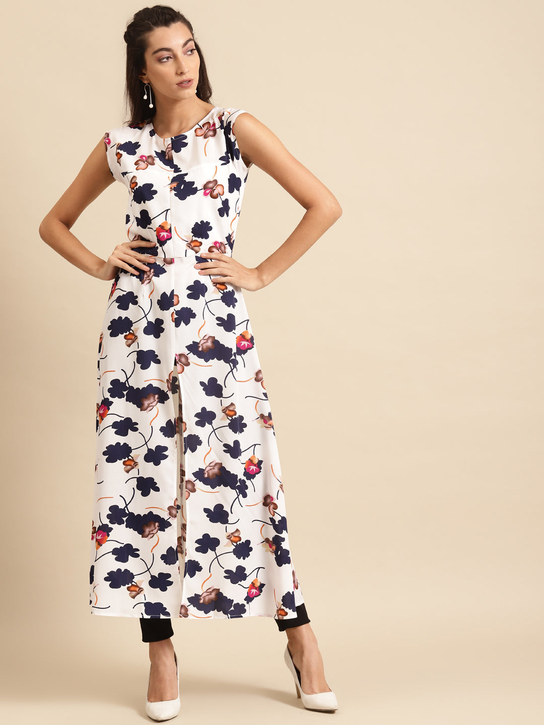 White Floral Straight Kurta with Cap Sleeves – Elegant Summer