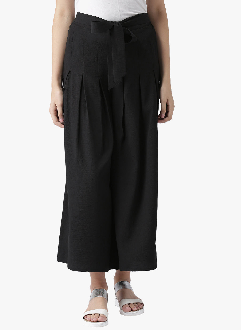 Black High Waist Pleated Tie-Up Trousers for Women