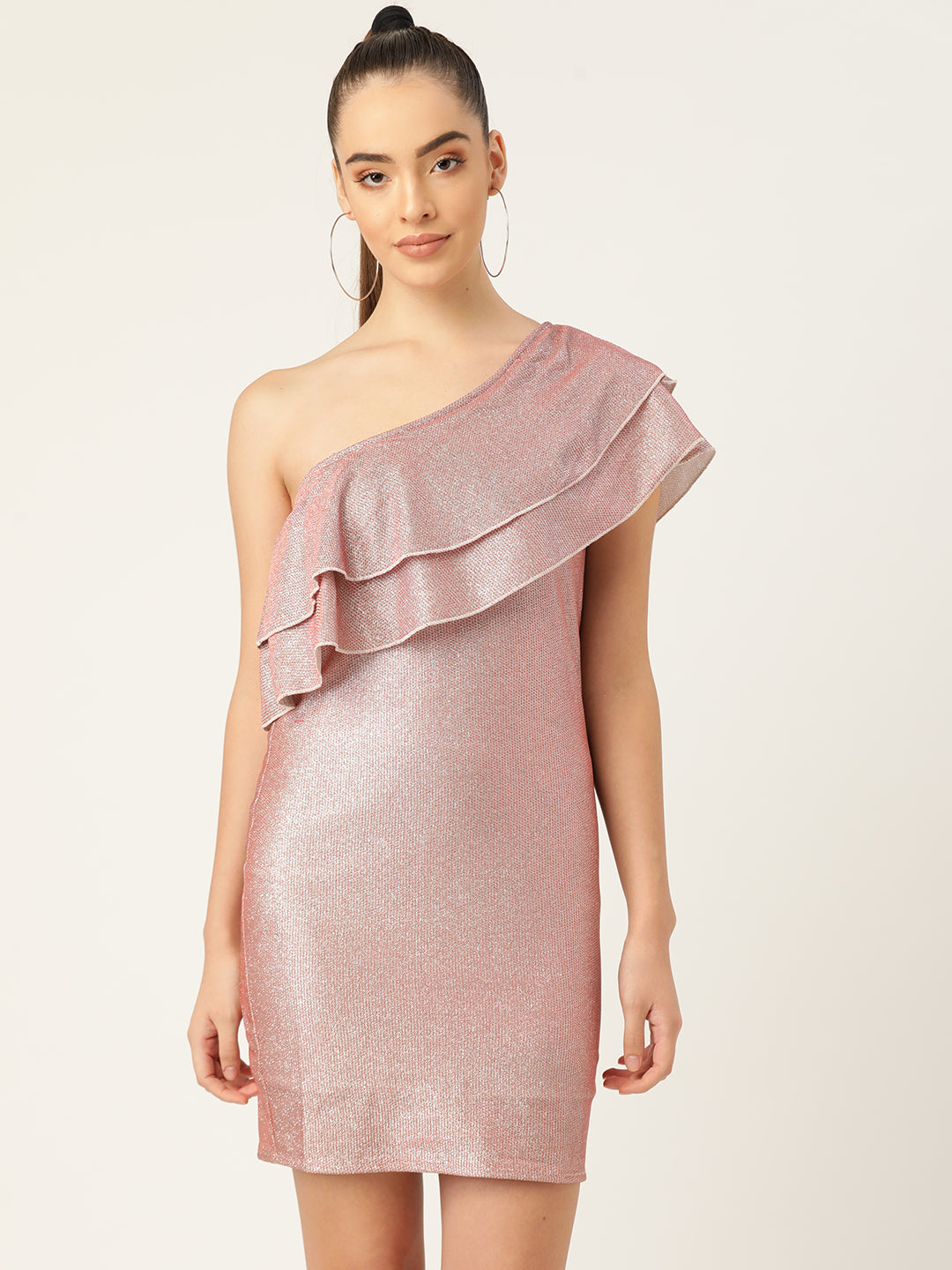 Women Pink One Shoulder Ruffle Party Dress with Shimmer Finish