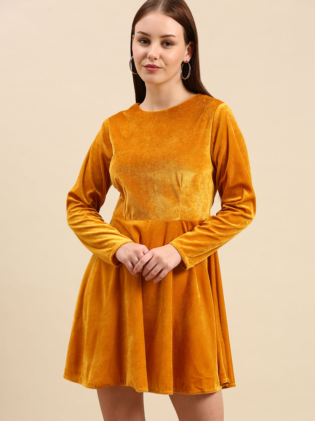 Golden Velvet Skater Dress - Long Sleeve, Soft & Stylish