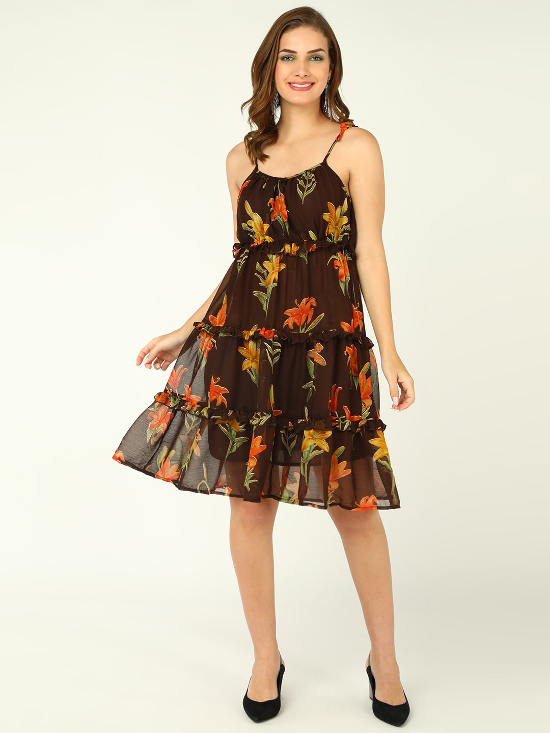 Women's Brown Floral Print Sleeveless Ruffle Hem Midi Dress