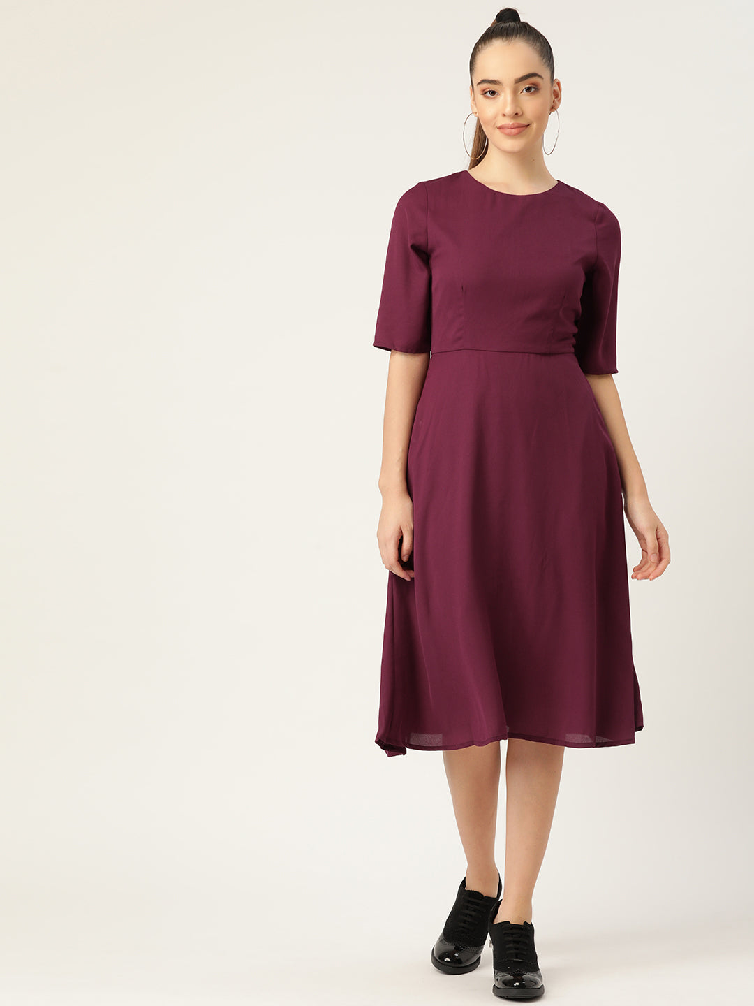 Wine A-Line Midi Dress with Half Sleeves