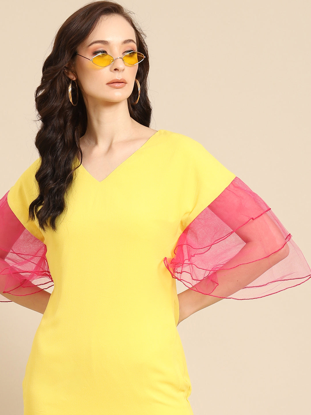 Stylish Yellow Dress with Sheer Pink Ruffle Sleeves – Trendy Summer Wear for Women
