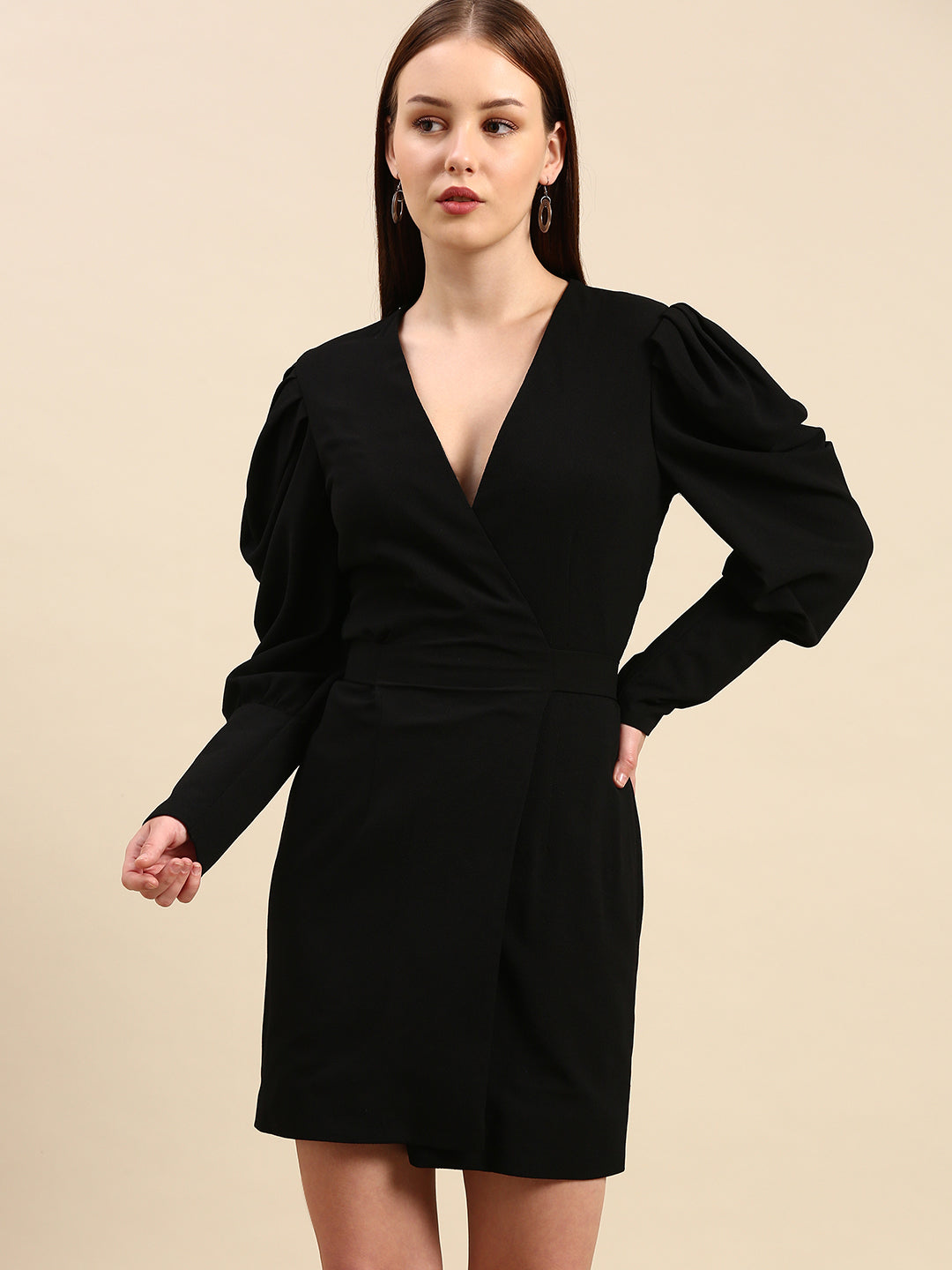 Black Puff Sleeve Wrap Dress for Women - V-Neck, Short Party Dress