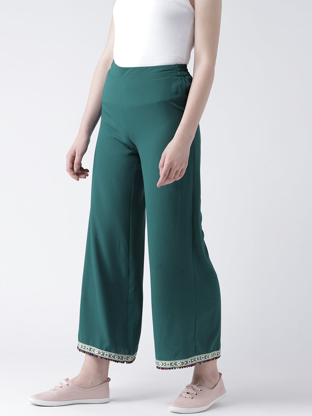 Women's Green Wide-Leg Pants with Embroidered Hem – Casual Ethnic Trousers