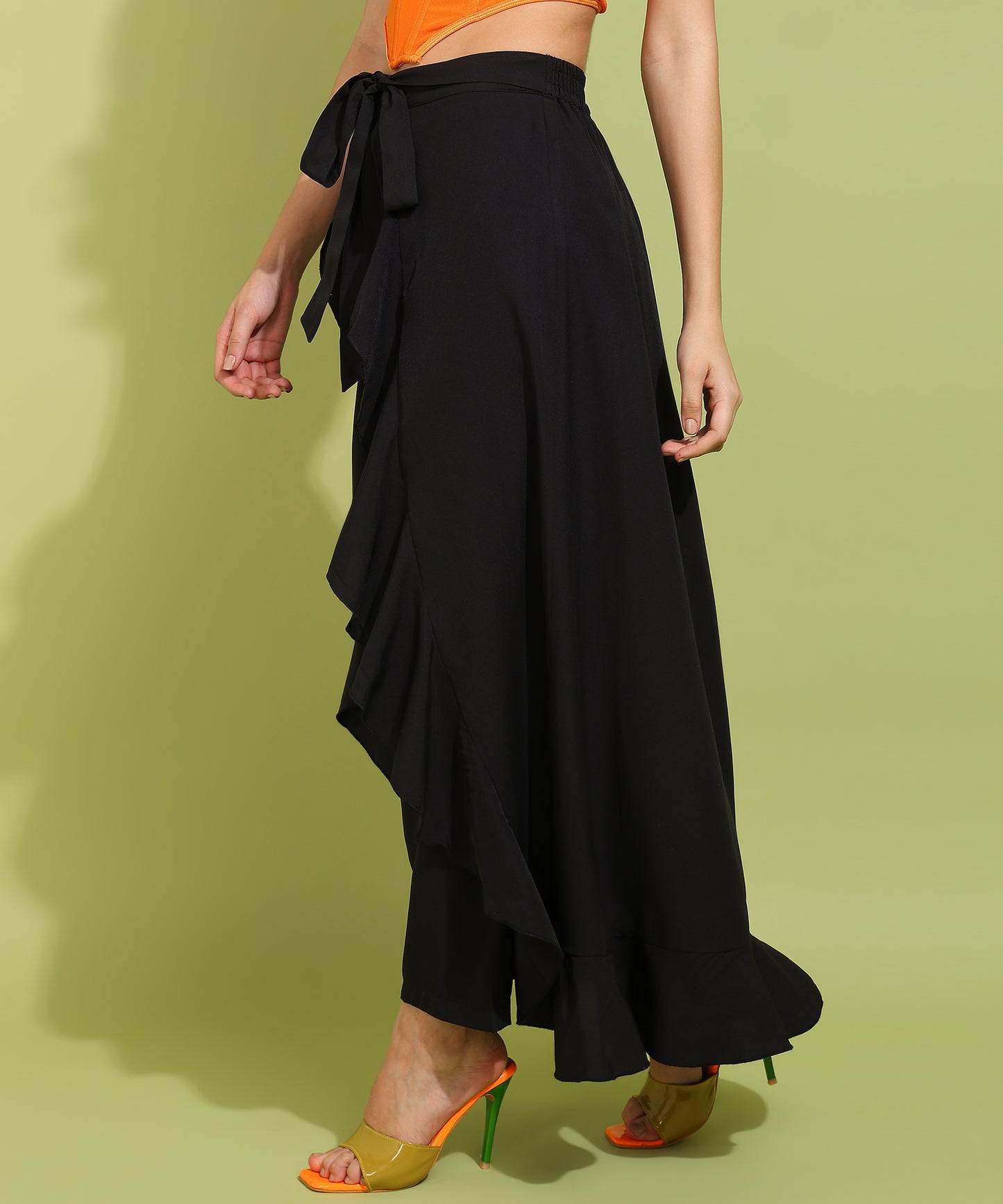 Black Ruffled High-Slit Maxi Skirt with Tie Waist – Elegant and Flowy