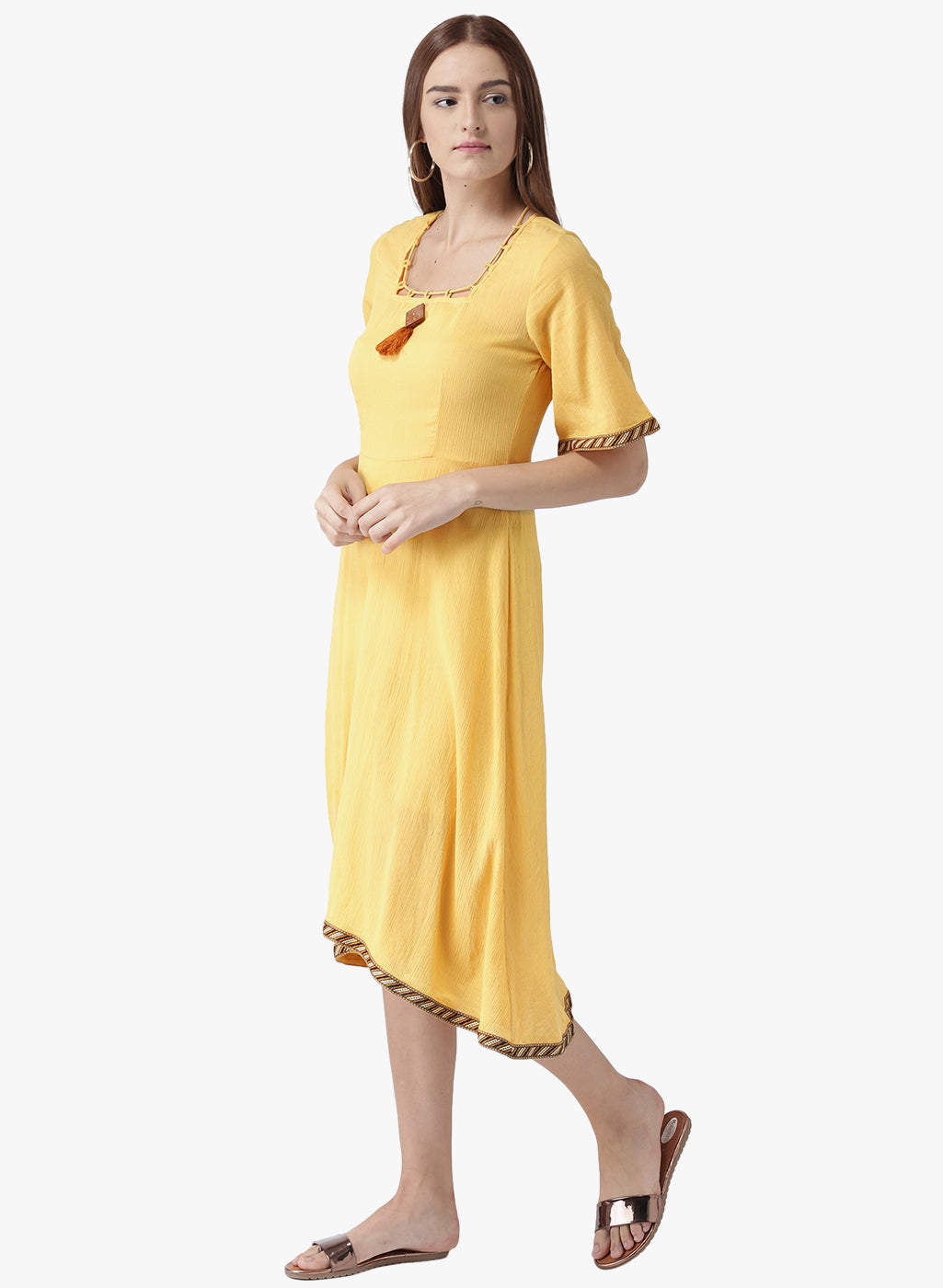 Women's Yellow A-Line Kurta with Tassel Detail and Flared Sleeves