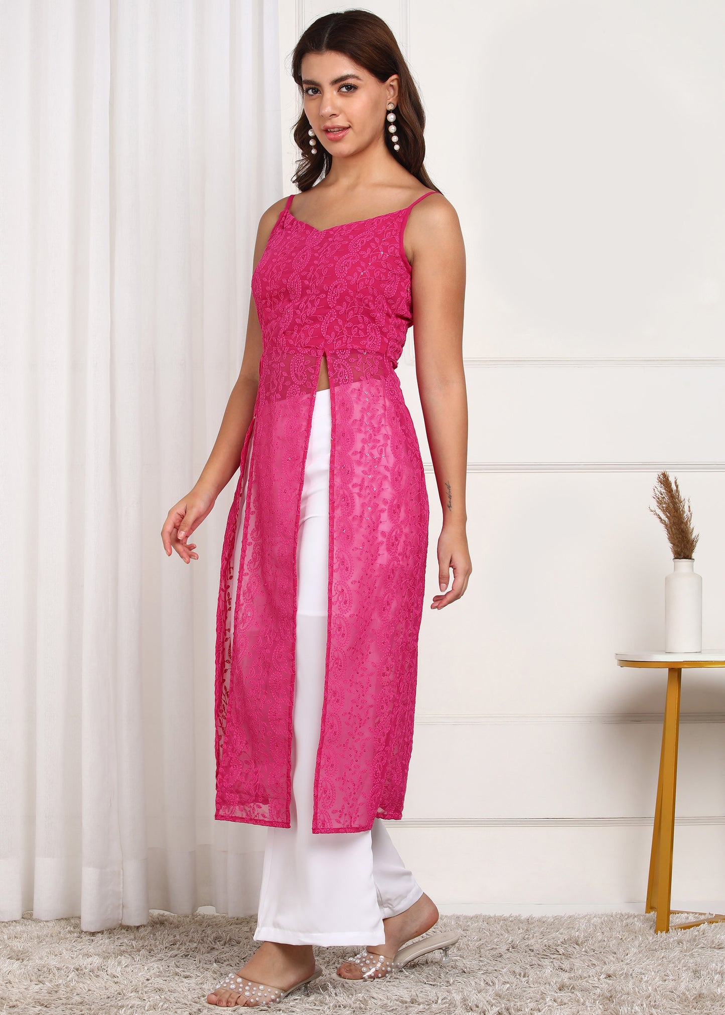 Women's Pink Lace Long Kurti | Stylish Party Wear Set