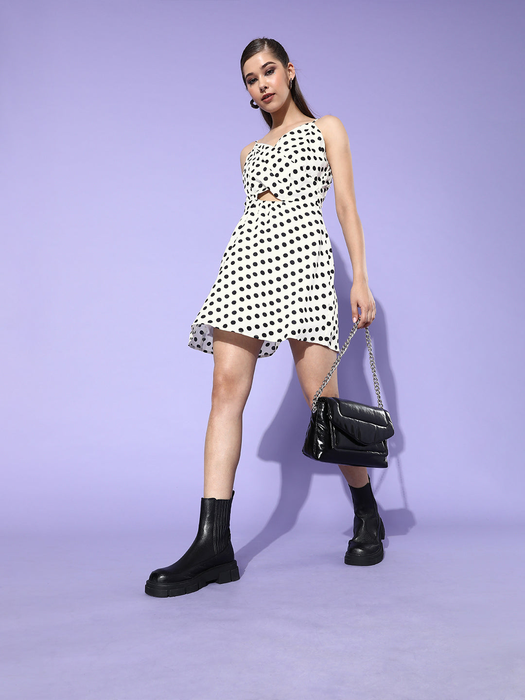 White Polka Dot Fit & Flare Dress with Front Cut-Out Detail
