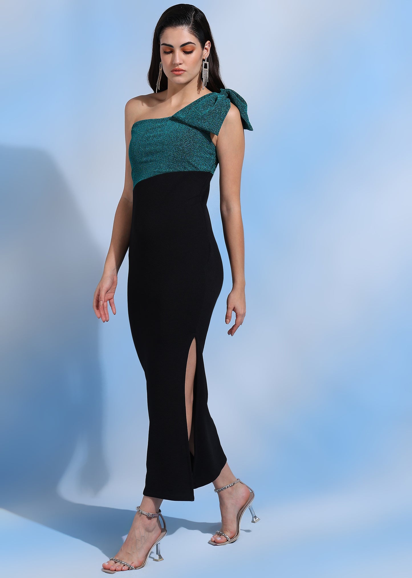Women Green Glitter Color Block One Shoulder Sheath Dress with Side Slit