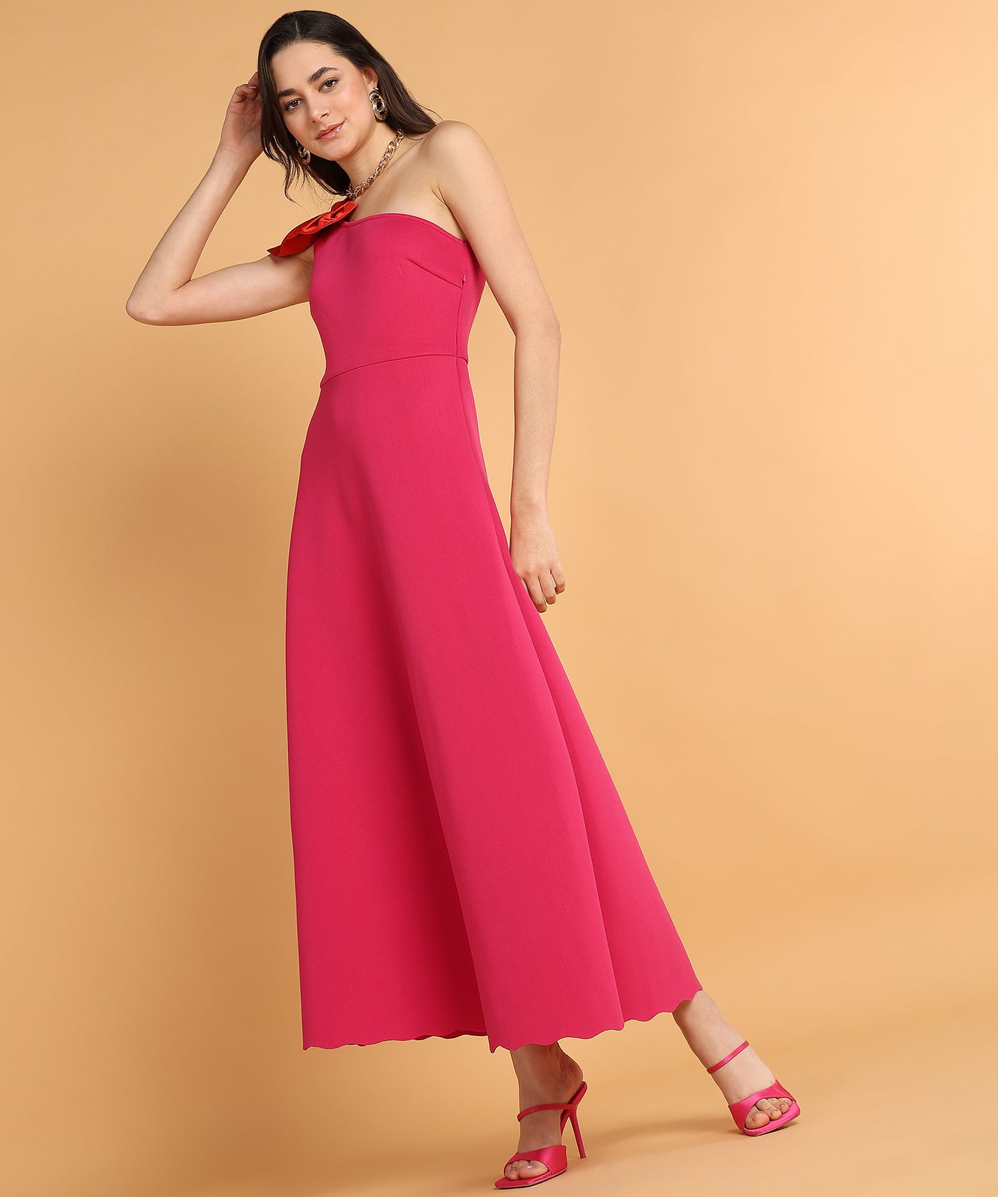Hot Pink One Shoulder A-Line Midi Dress with Statement Bow for Women