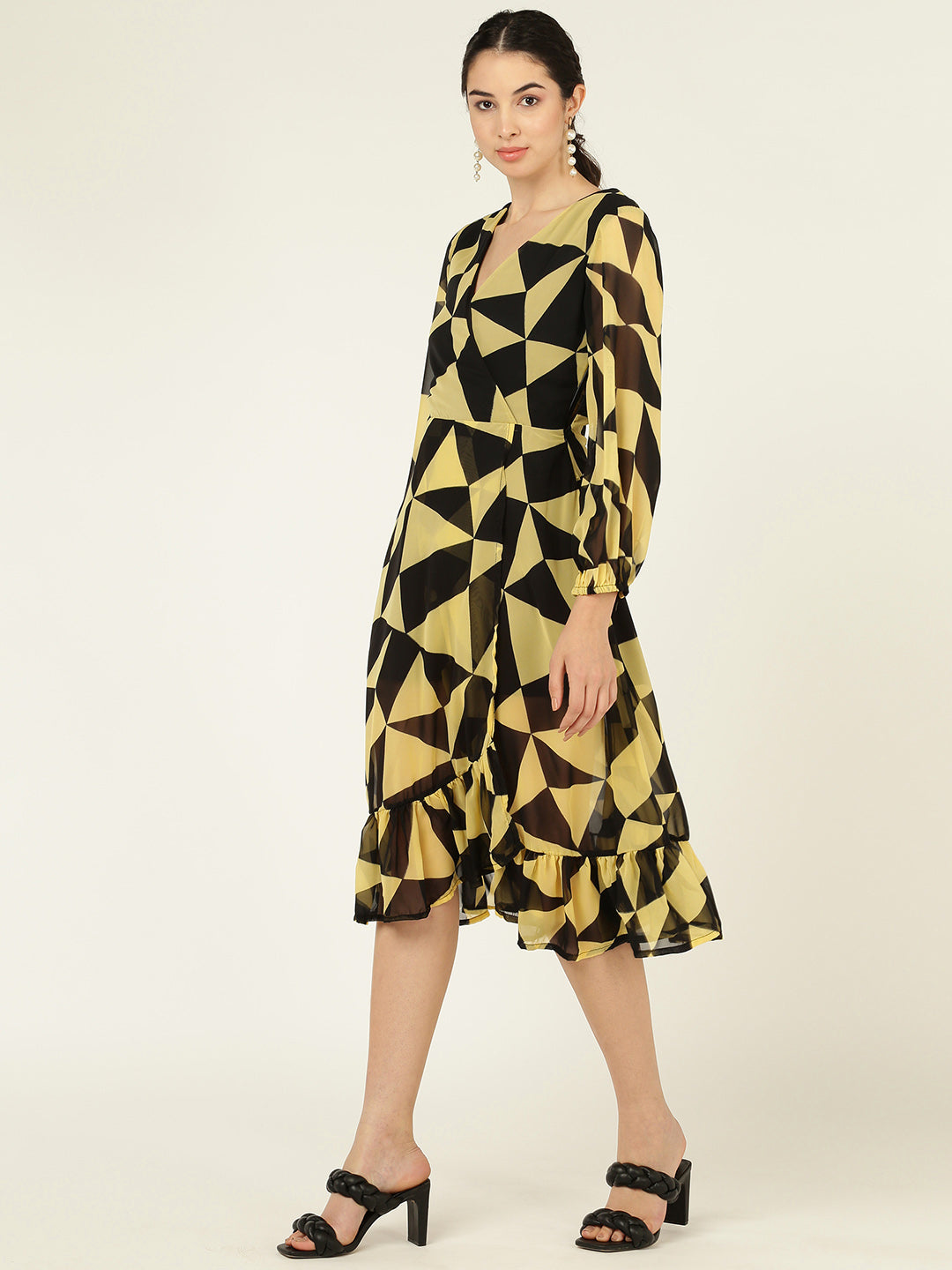 Geometric Print V-Neck Midi Dress with Ruffle Hem & Sheer Sleeves