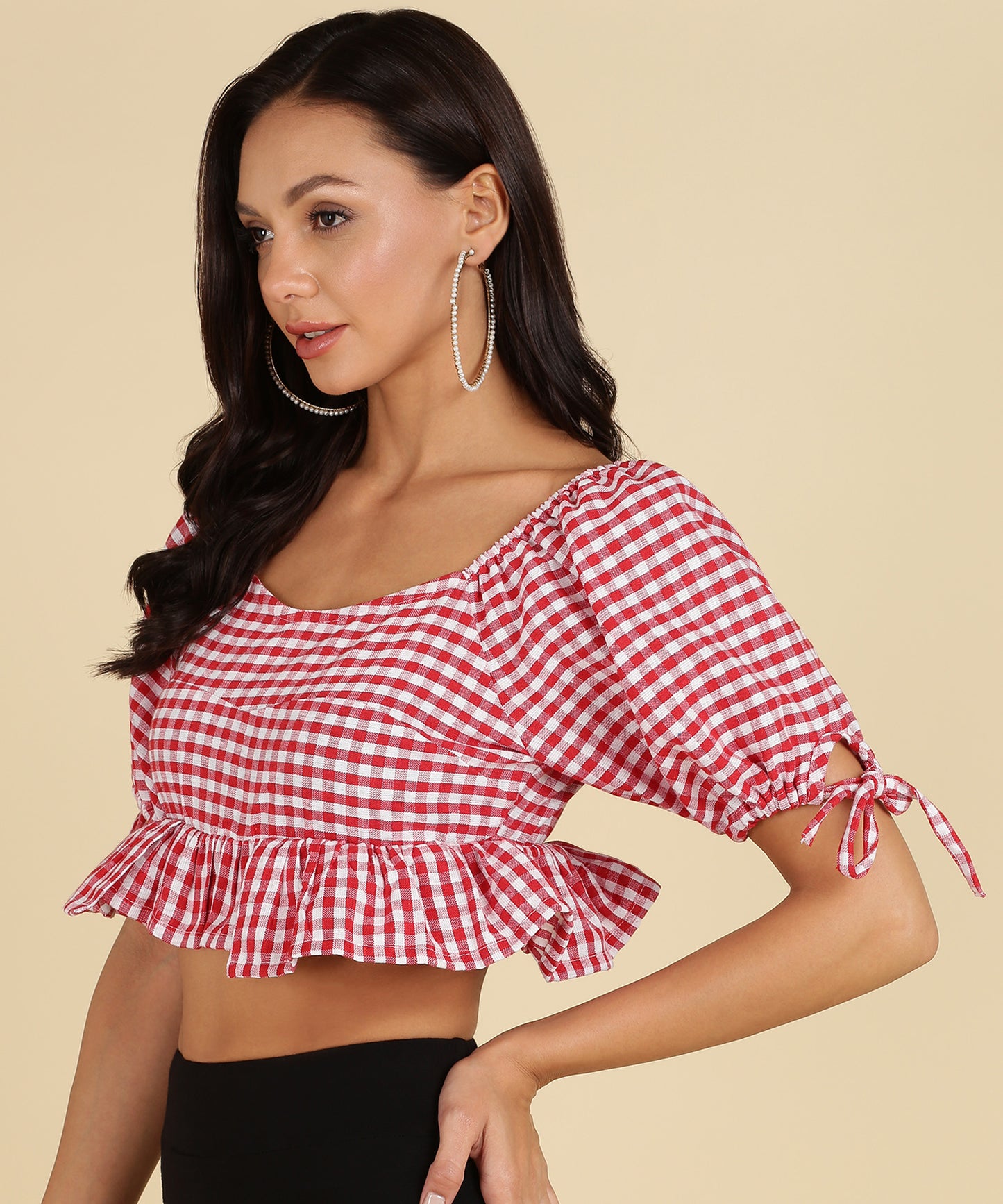 Women's Red Check Puff Sleeve Crop Top – Ruffled Hem Peplum Blouse for Summer & Casual Wear