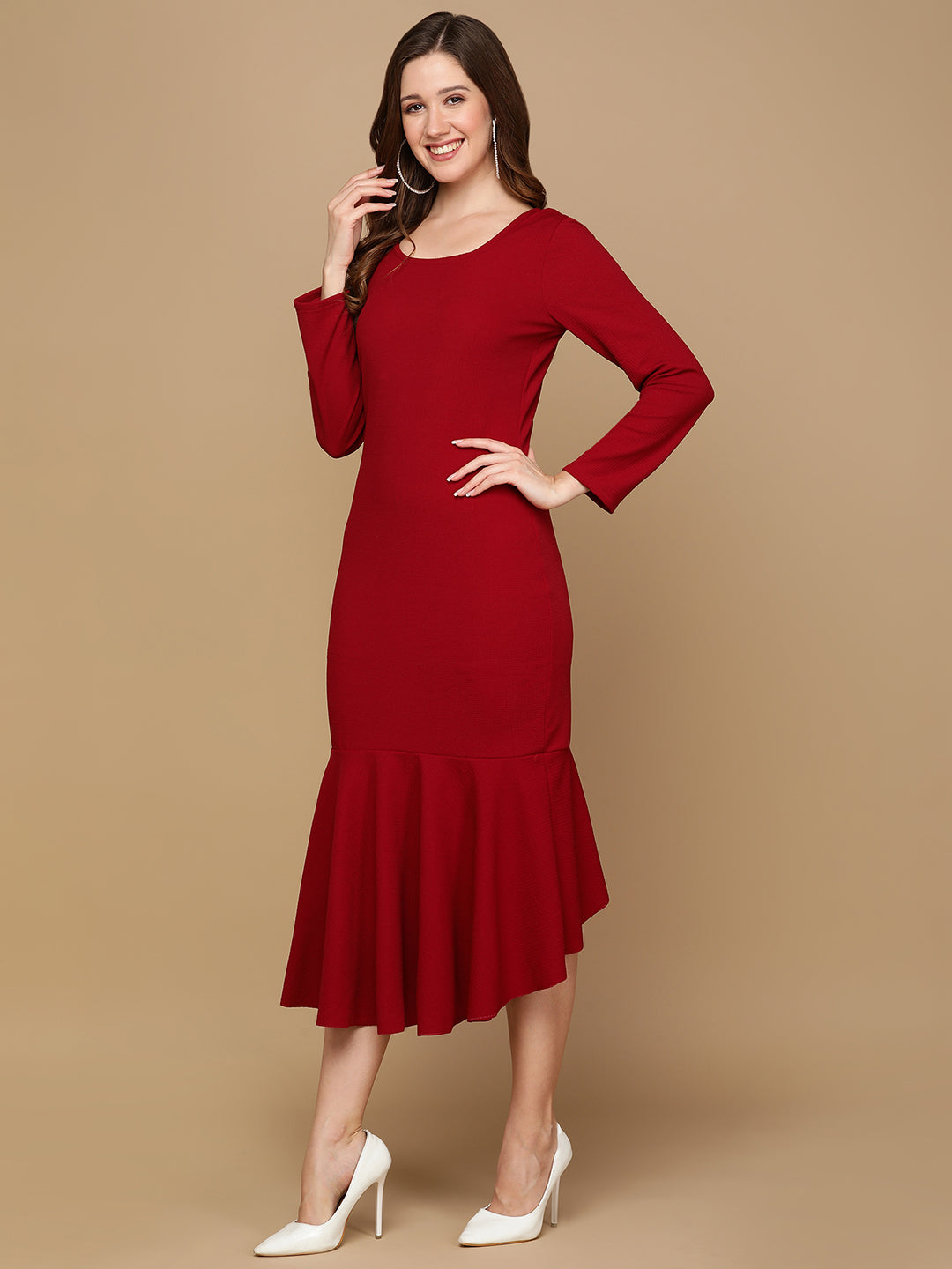 Elegant Maroon Bodycon Midi Dress for Women with Flared Hem | Party Wear