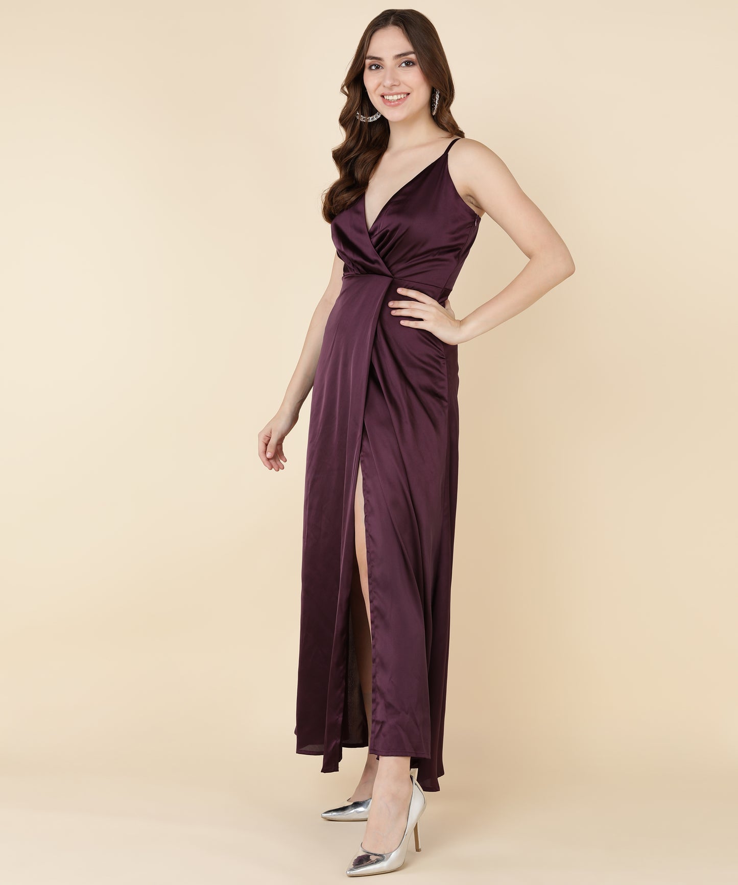 Glam Maroon Satin Wrap Gown Dress for Evening Party