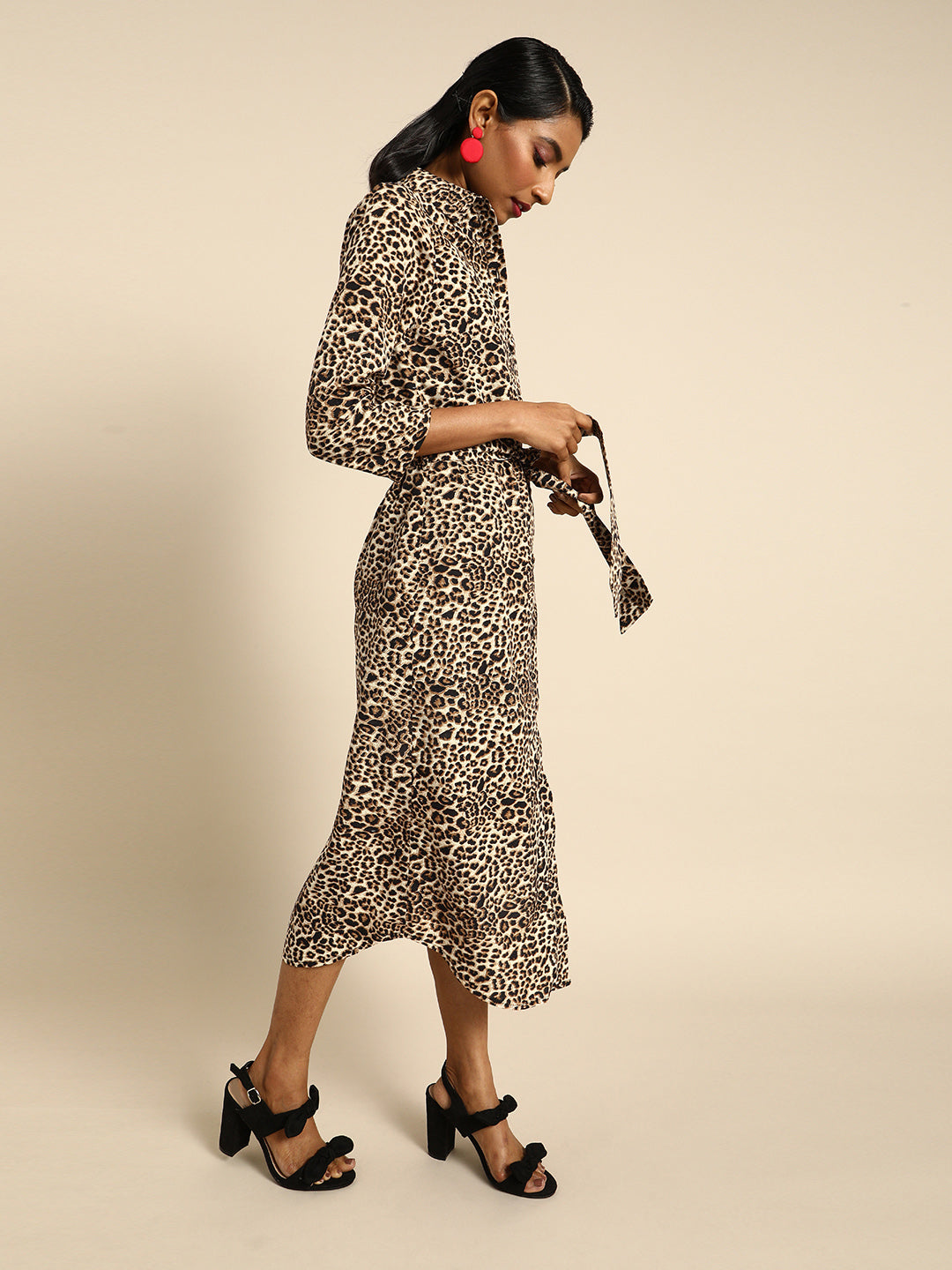 Leopard Print Shirt Dress for Women with Belted Waist and Midi Length