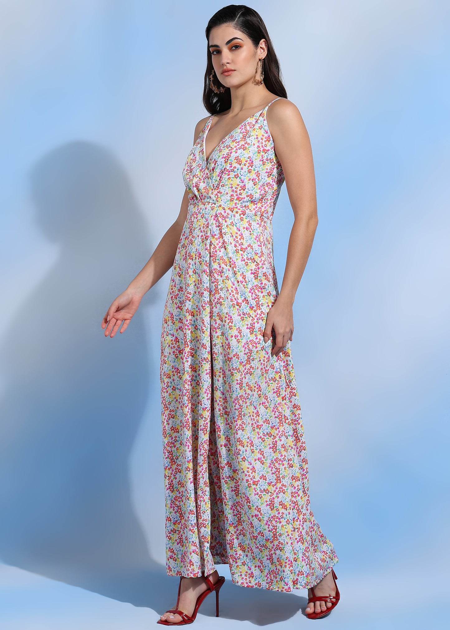 Women Floral Print V-Neck Spaghetti Strap Maxi Dress with Side Slit