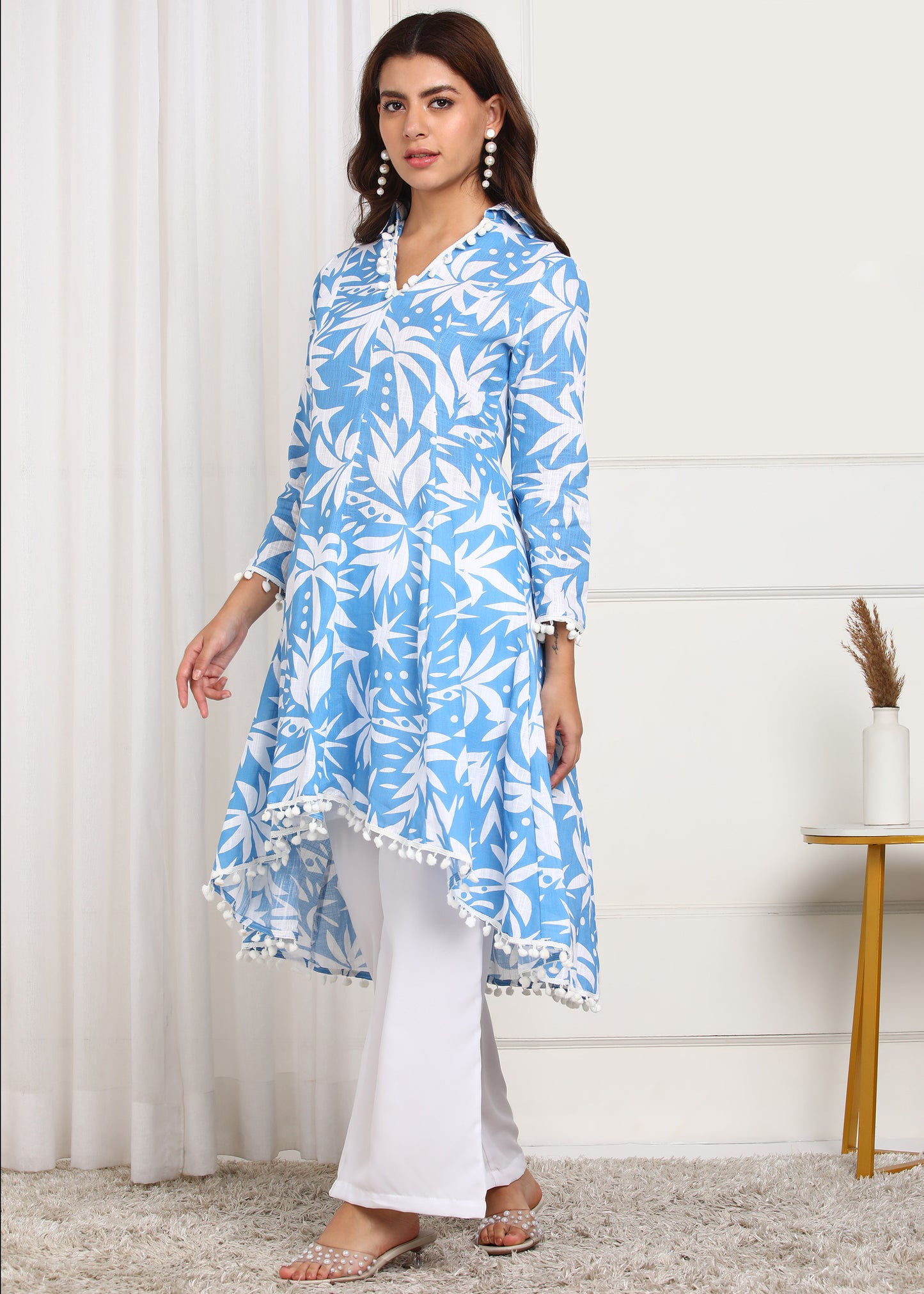 Blue White Printed Asymmetric Kurta for Women | Casual Ethnic Wear