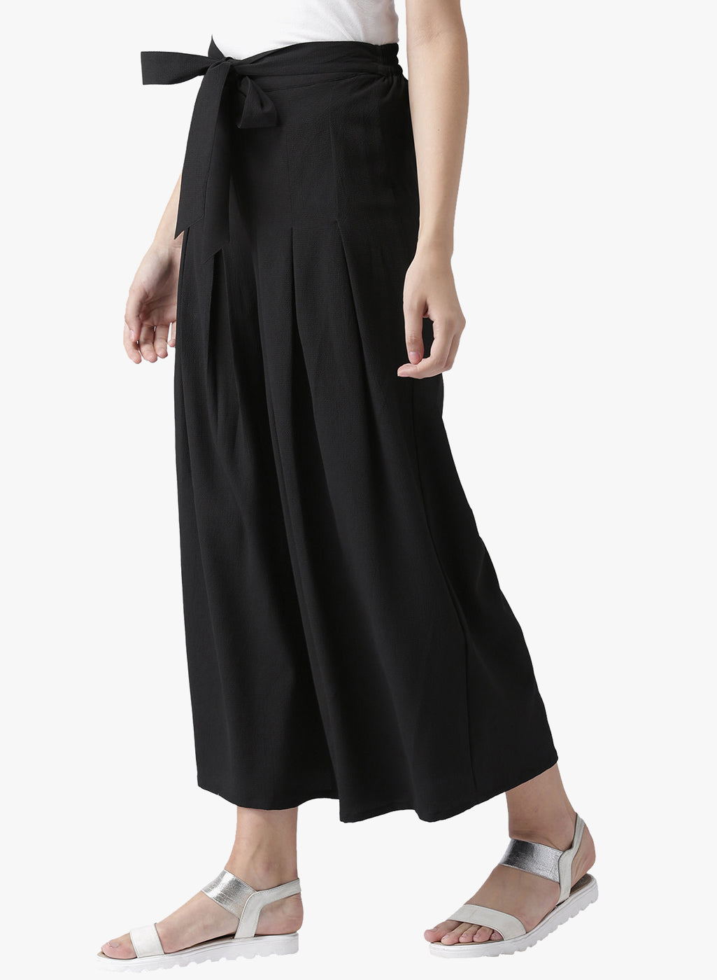Black High Waist Pleated Tie-Up Trousers for Women