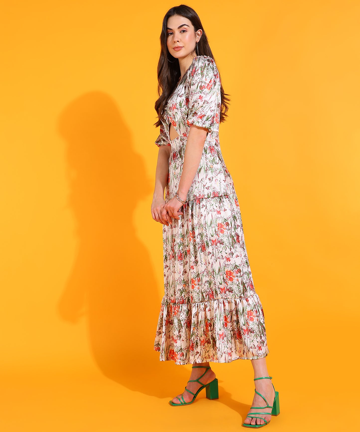 White Floral Print Cut-Out Midi Dress with Puff Sleeves – Boho Summer Dress for Women