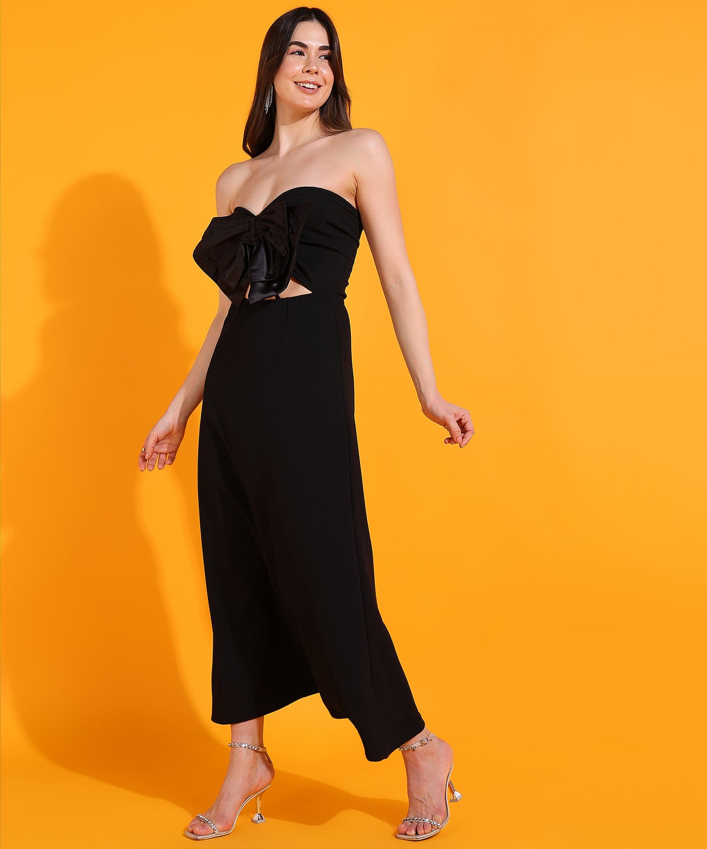 Black Strapless Maxi Dress with Bow Detail | Elegant Party Wear for Women