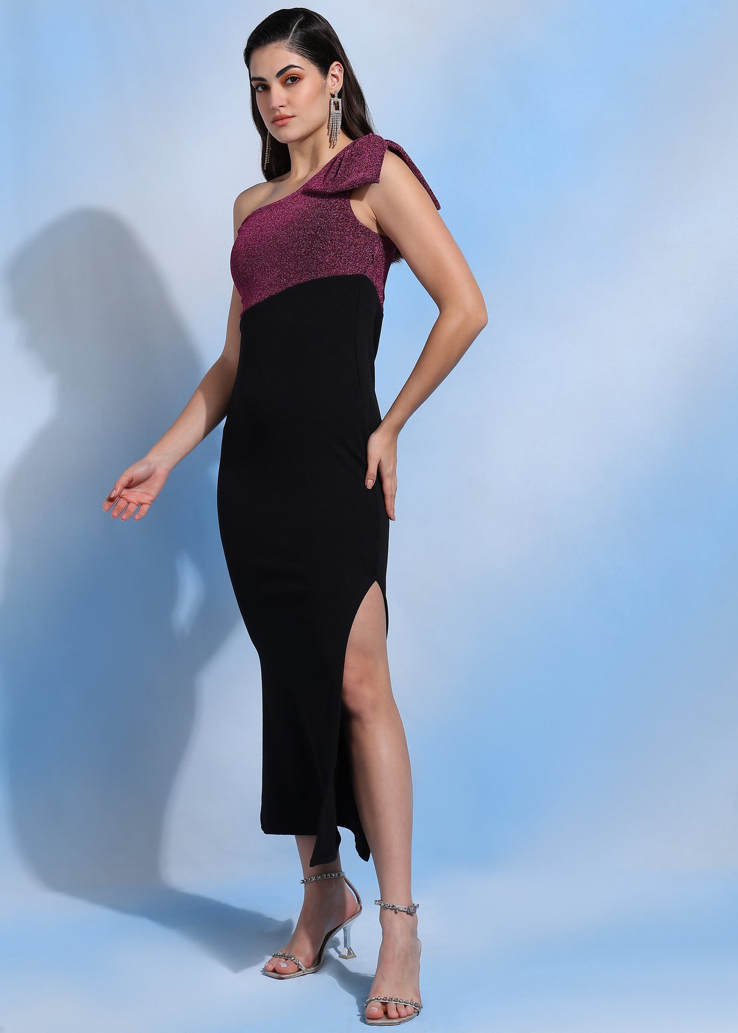 Women Color Block One Shoulder Sheath Dress with Side Slit