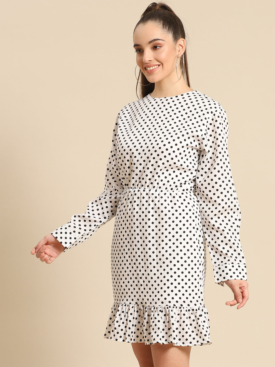 White Polka Dot Mini Dress for Women | Long Sleeve Casual Ruffle Hem Outfit