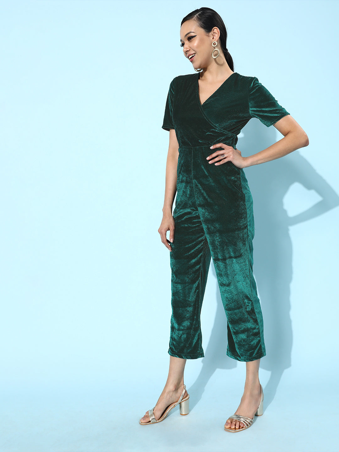 Emerald Green Velvet Short Sleeve Jumpsuit for Women