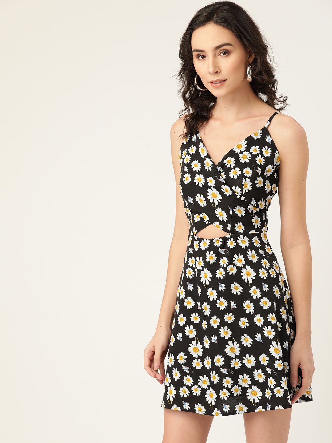 Black Daisy Print Cut-Out Mini Dress