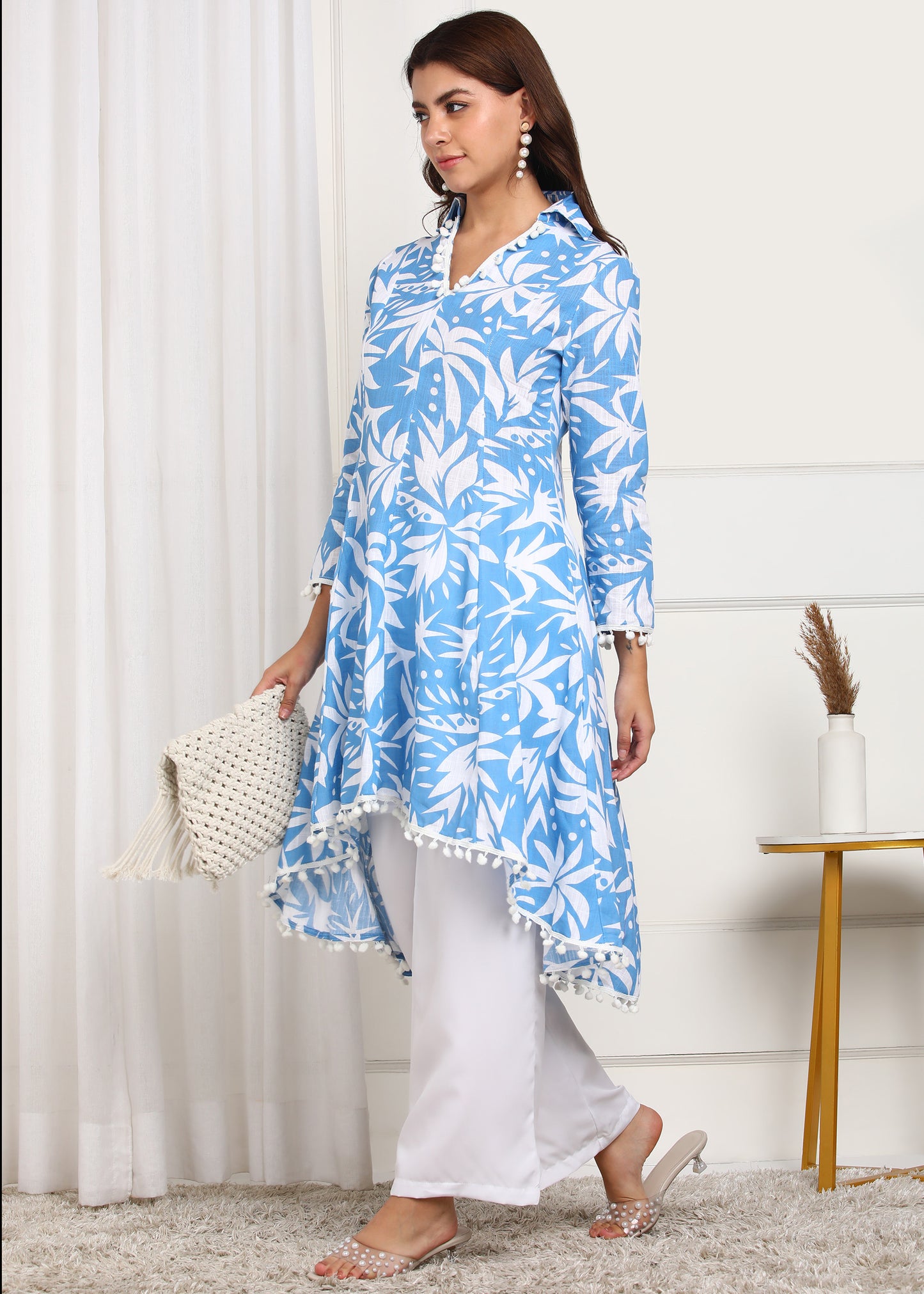 Blue White Printed Asymmetric Kurta for Women | Casual Ethnic Wear