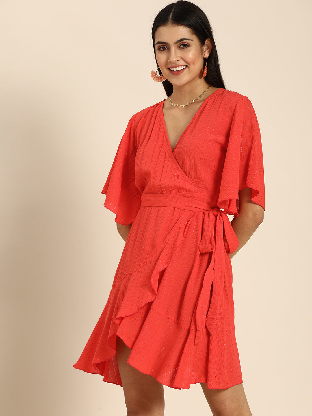 Vibrant Red Wrap Dress with Flutter Sleeves & Ruffle Hem Effortless Chic