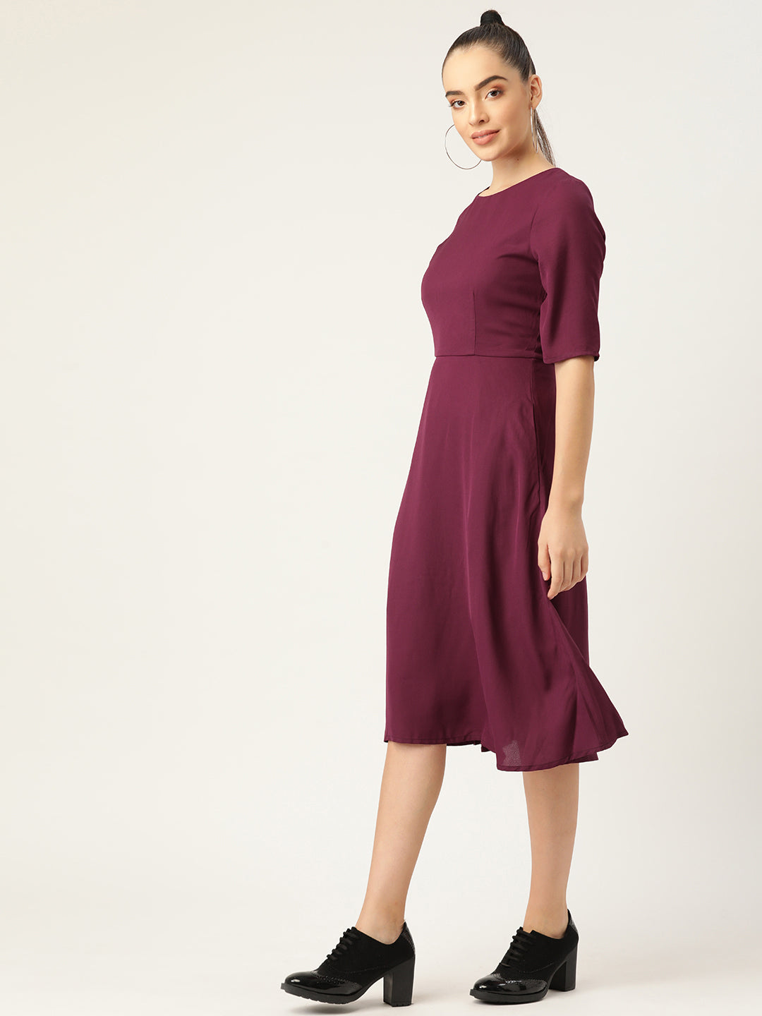 Wine A-Line Midi Dress with Half Sleeves