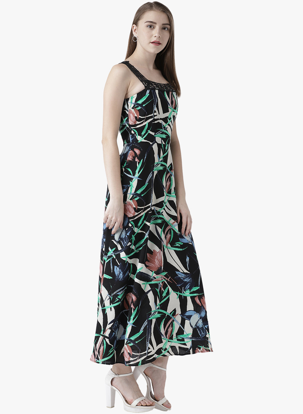 Women's Black Floral Printed Sleeveless Maxi Dress with Lace Strap