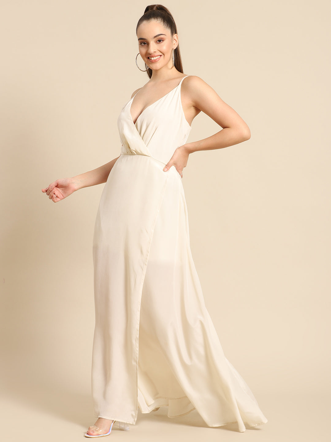 Ivory White Spaghetti Strap Maxi Dress for Women – Flowy V-Neck Gown for Parties & Weddings