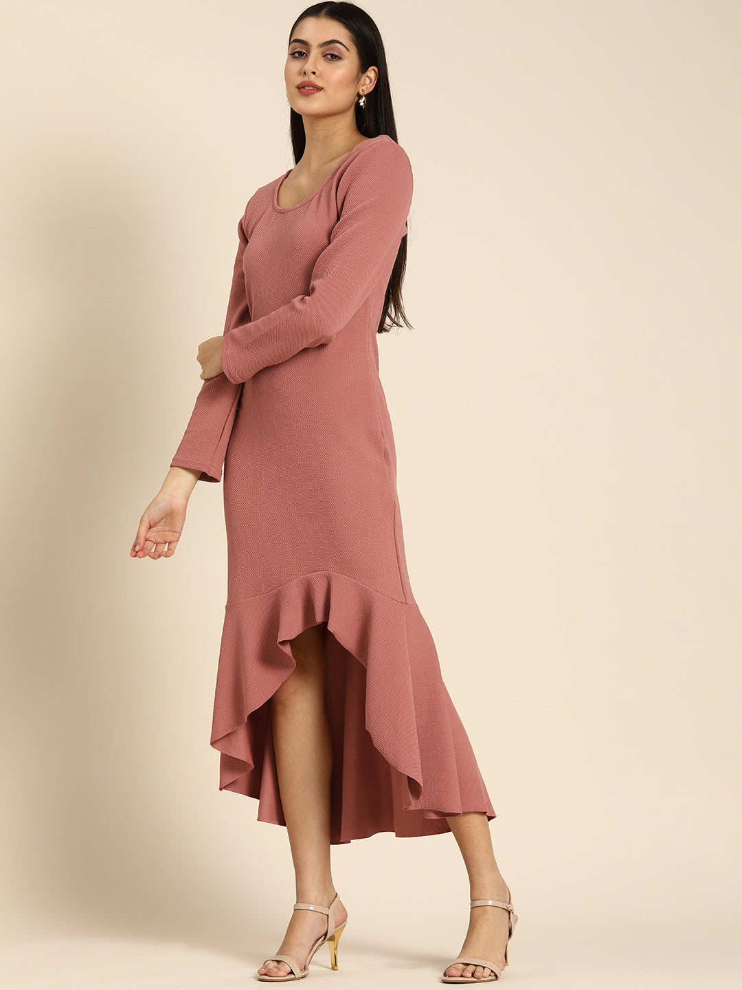 Pink High-Low Bodycon Dress with Ruffle Hem S Pink High-Low Bodycon Dress with Ruffle Hem S