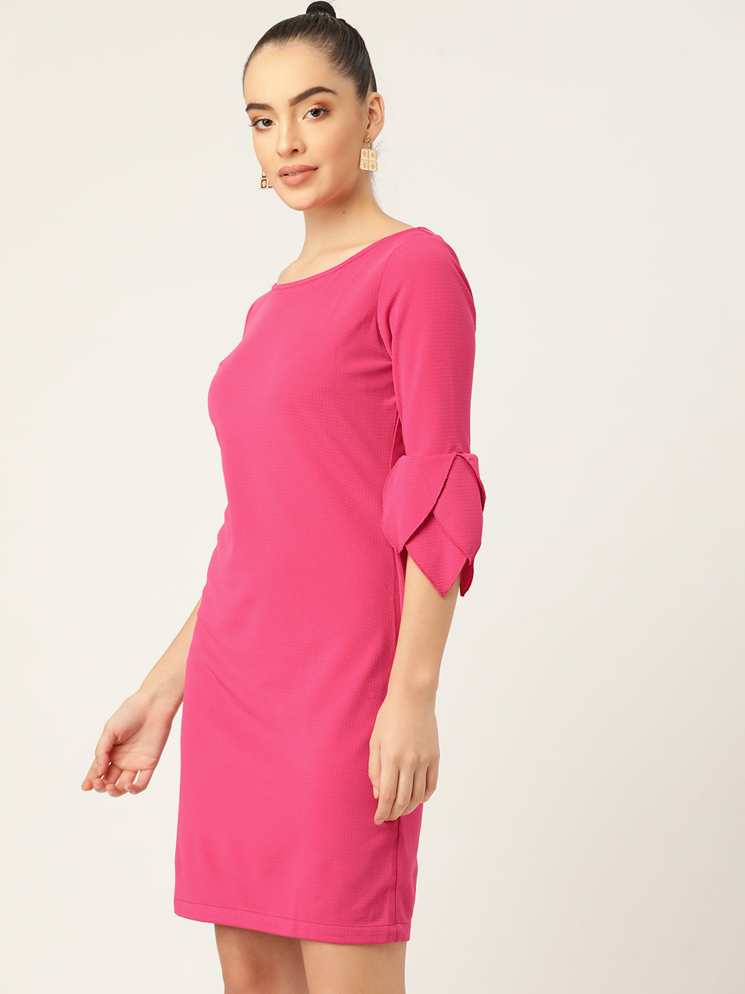Pink Solid Shift Dress with Petal Sleeves