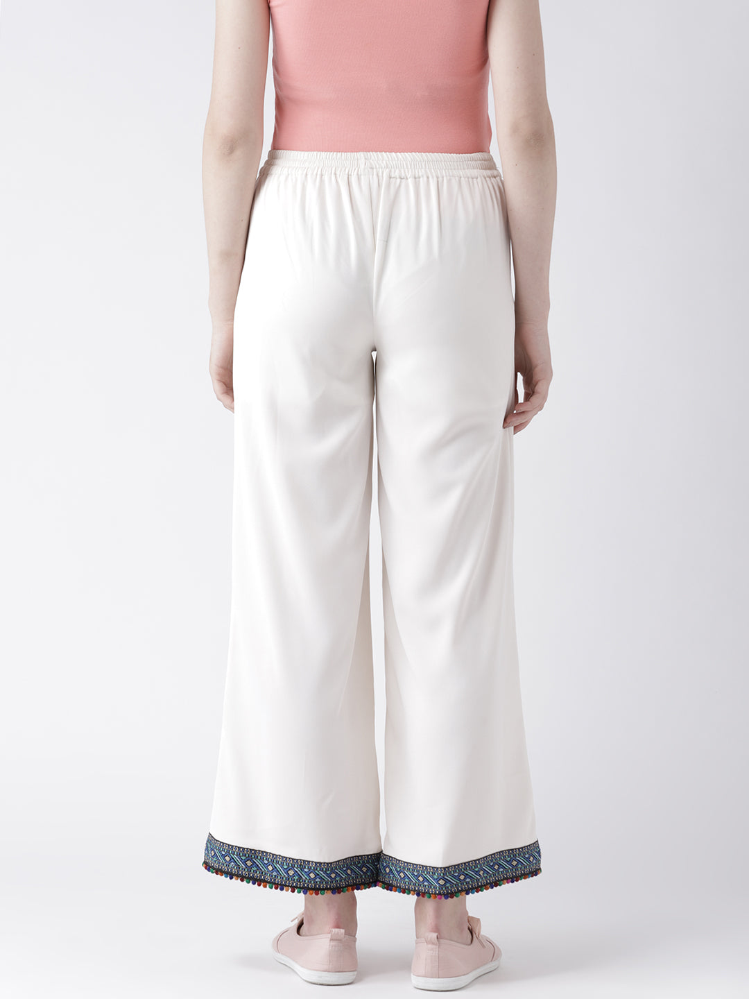 Women's White Wide-Leg Trousers with Embroidered Hem – Casual Ethnic Cotton Pants